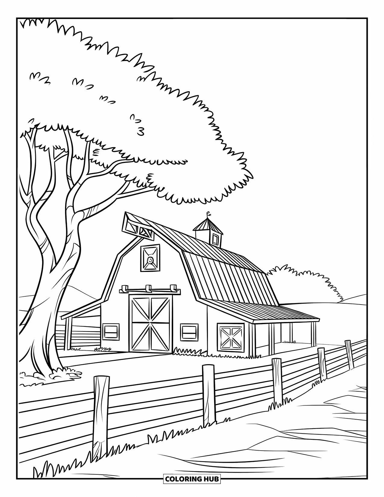 House Coloring Page for Kids: A barn house with a path, fence, and tree