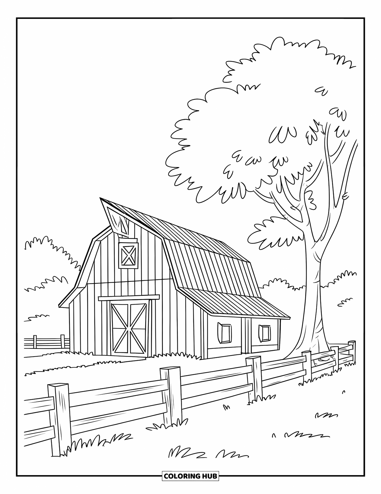 House Coloring Page for Kids: A barn house with a sloping roof and a wooden fence