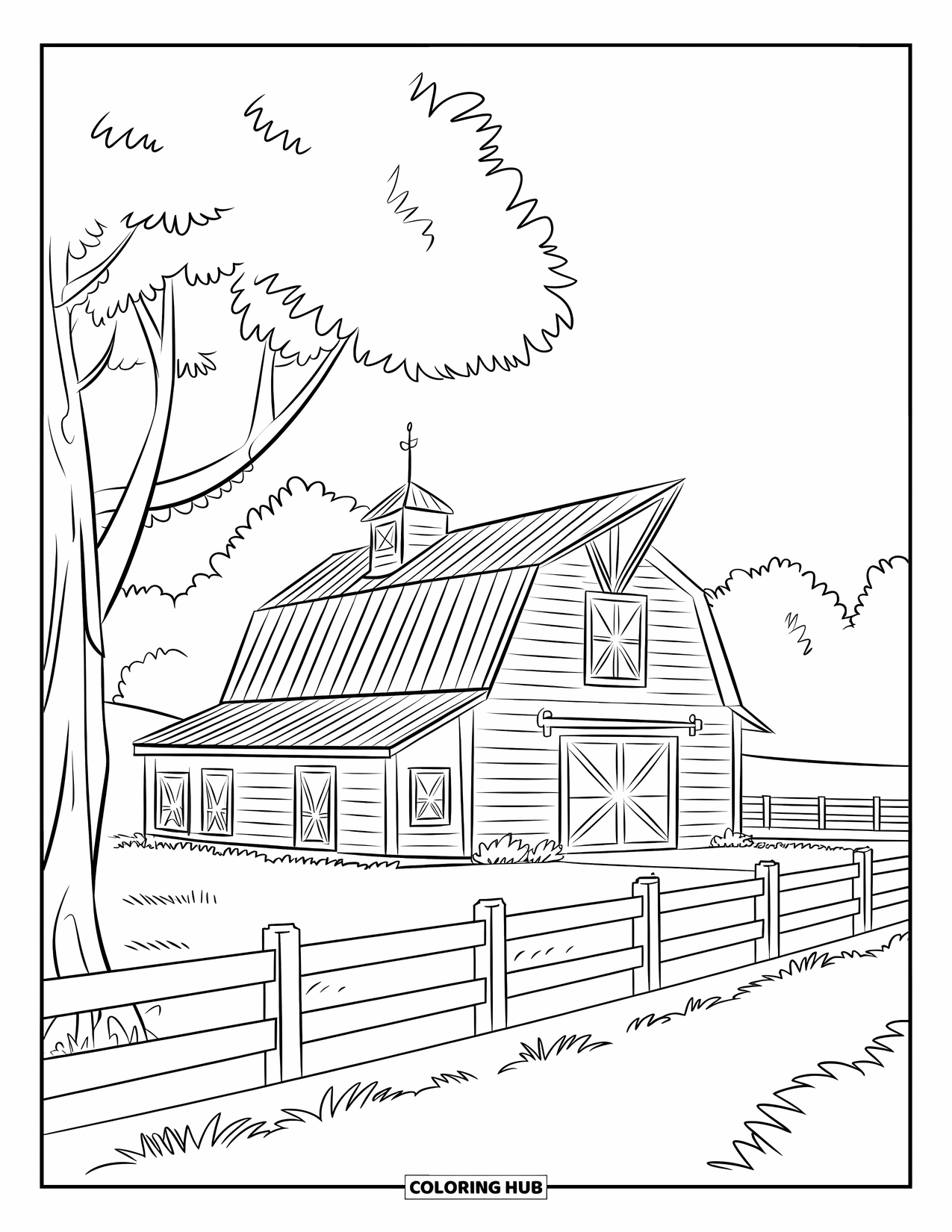 House Coloring Page for Kids: A barn house with a white fence and a tree