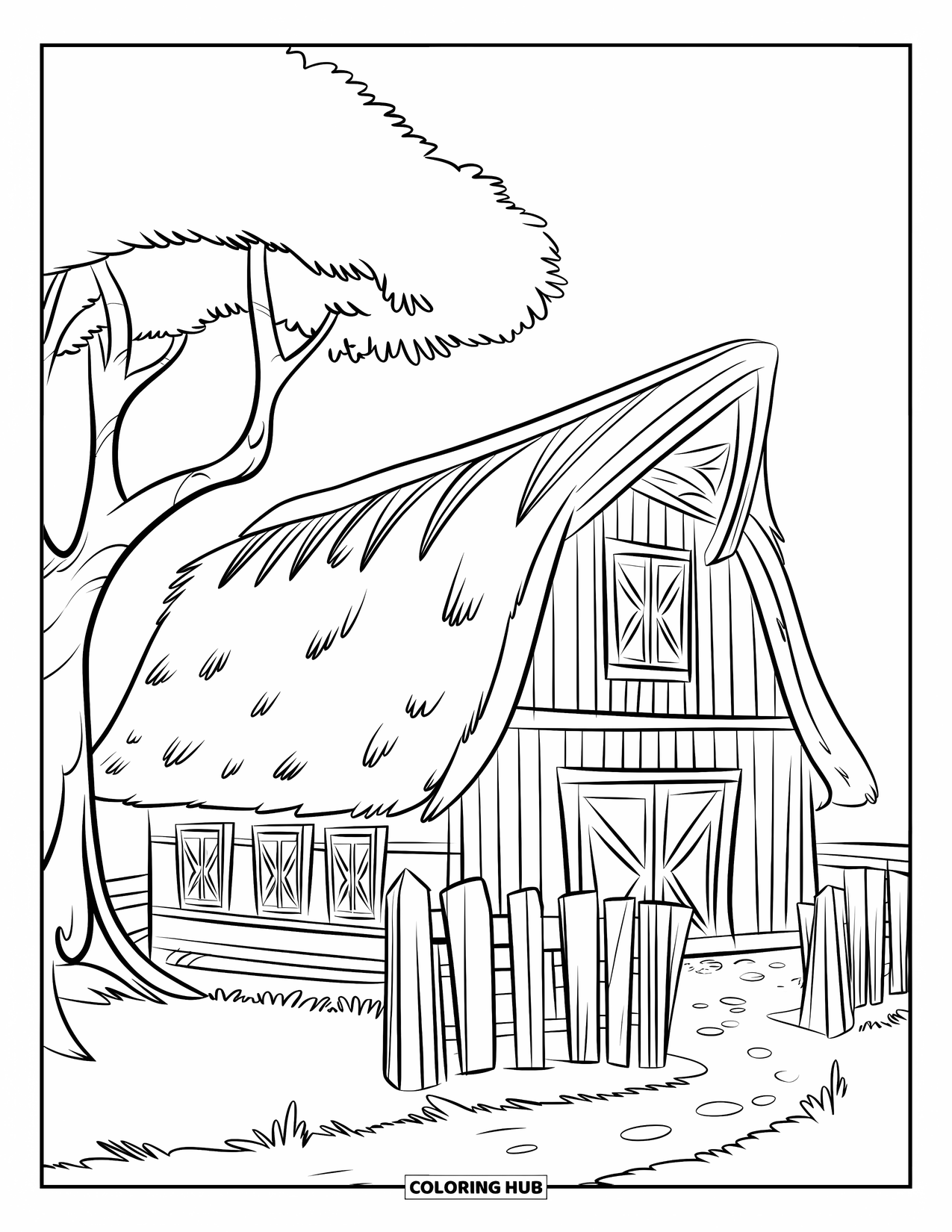 House Coloring Page for Kids: A barn-shaped house with a fence and a tree