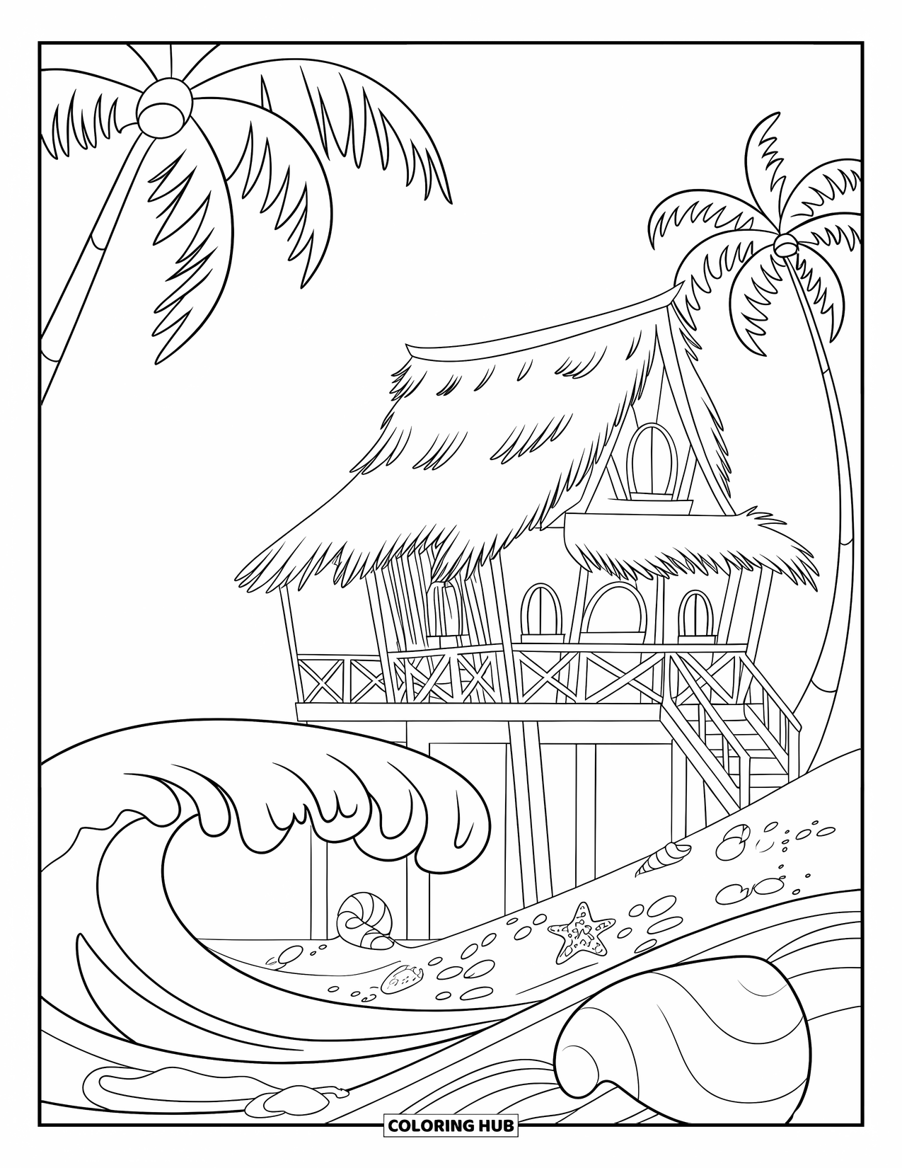House Coloring Page for Kids: A beach house on stilts with seashells and palm trees nearby