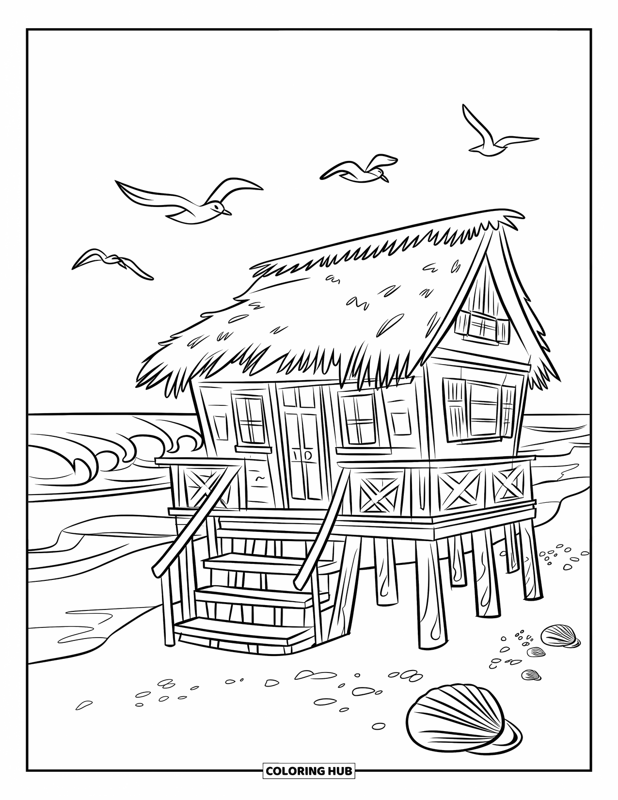 House Coloring Page for Kids: A beach house on stilts with waves and seagulls flying above
