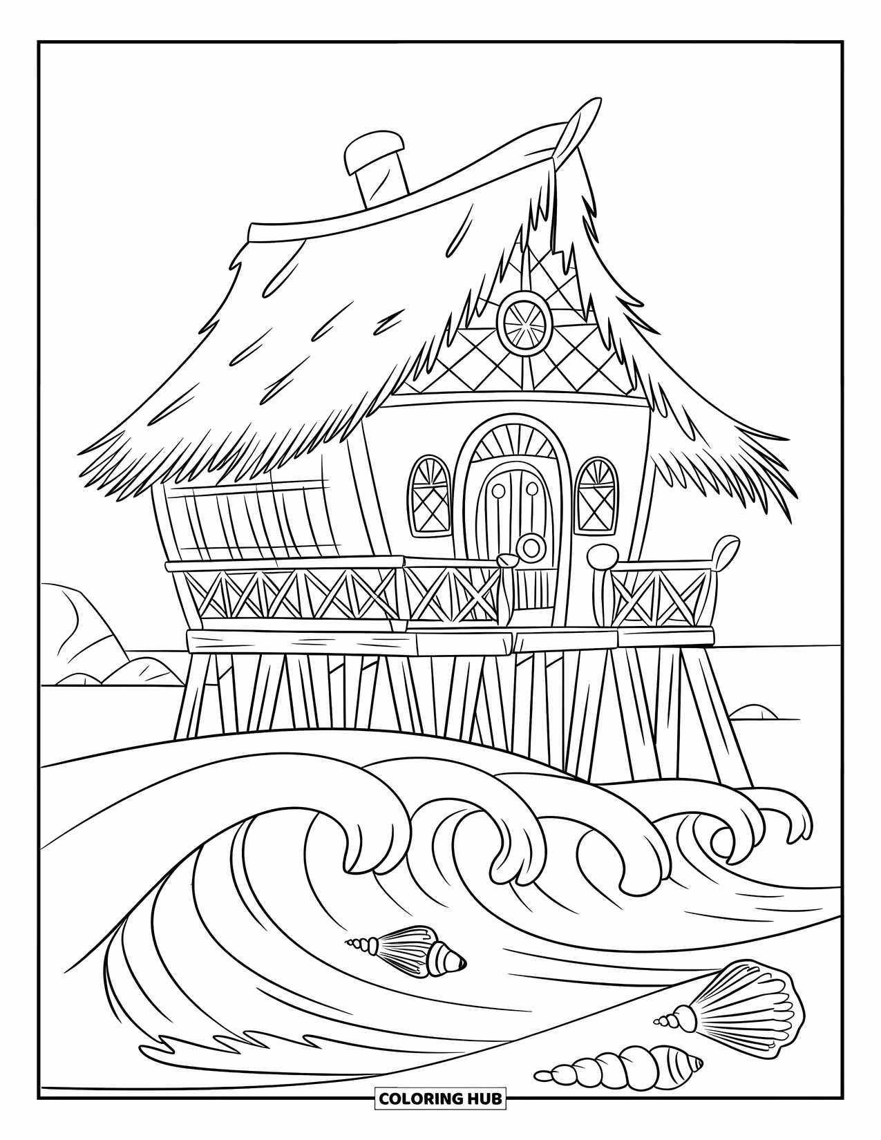 House Coloring Page for Kids: A beach house with seashells and waves under a calm ocean sky