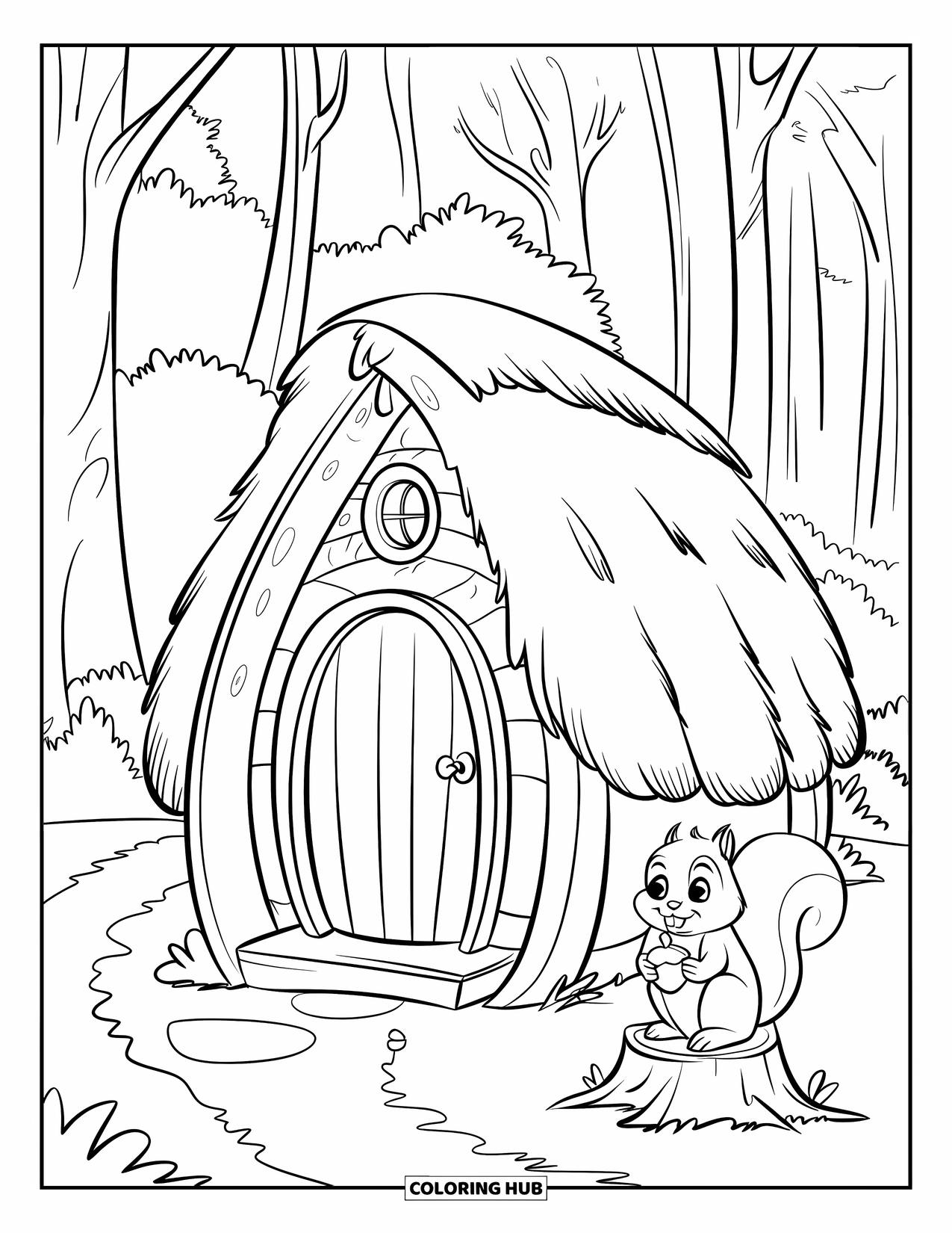House Coloring Page for Kids: A cabin with a squirrel on a stump and trees around