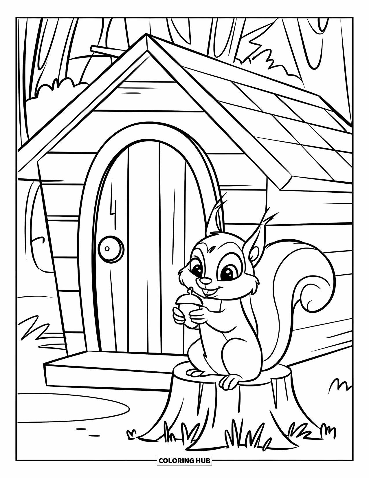 House Coloring Page for Kids: A cabin with a wooden door and a squirrel holding an acorn
