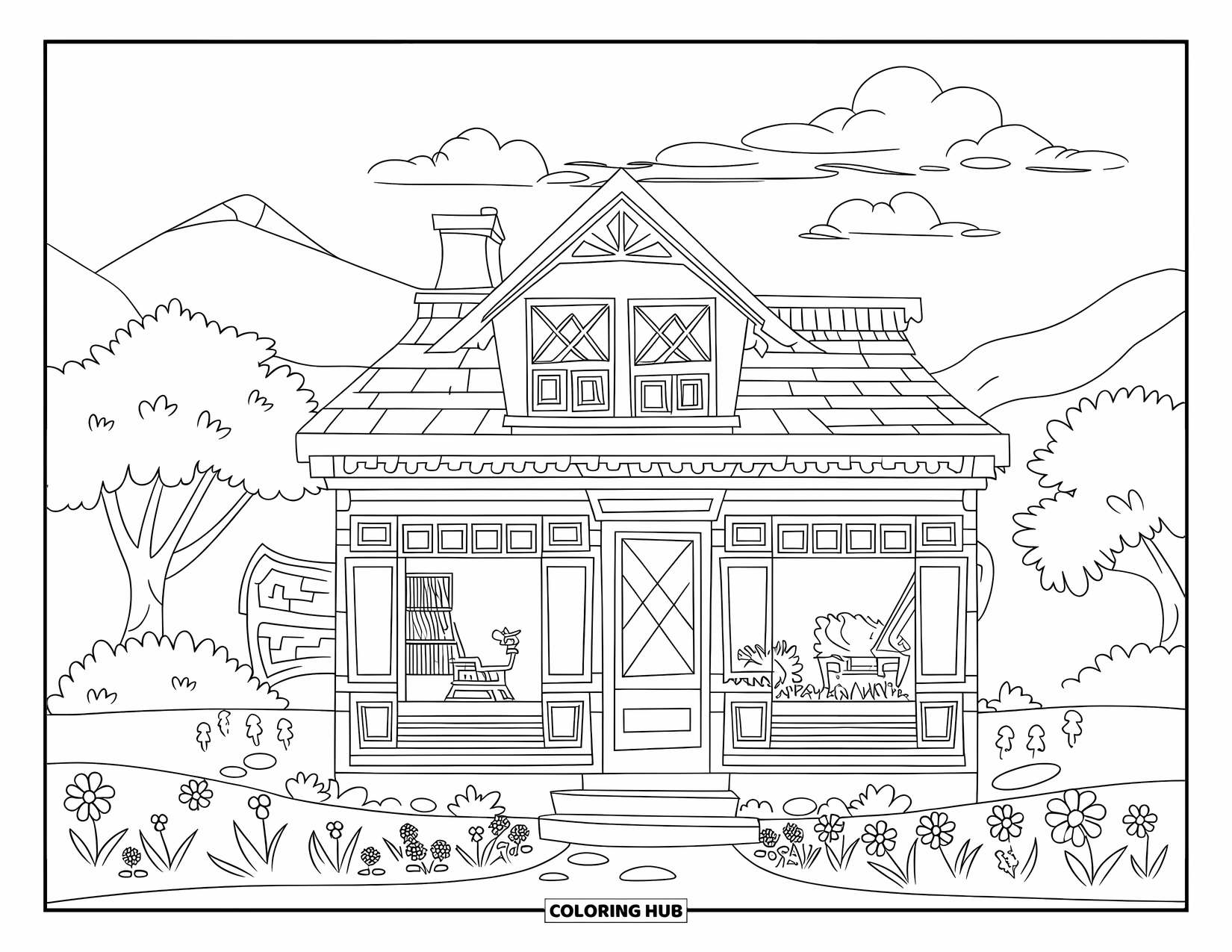 House Coloring Page for Kids: A charming bookshop house with open windows, bookshelves, and a garden filled with flowers