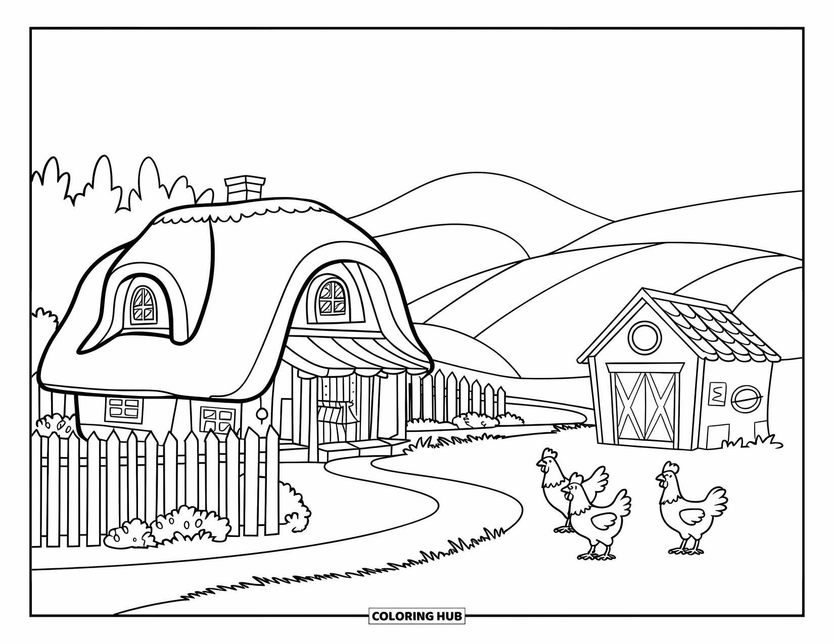 House Coloring Page for Kids: A charming house with a garden, barn, and wandering chickens