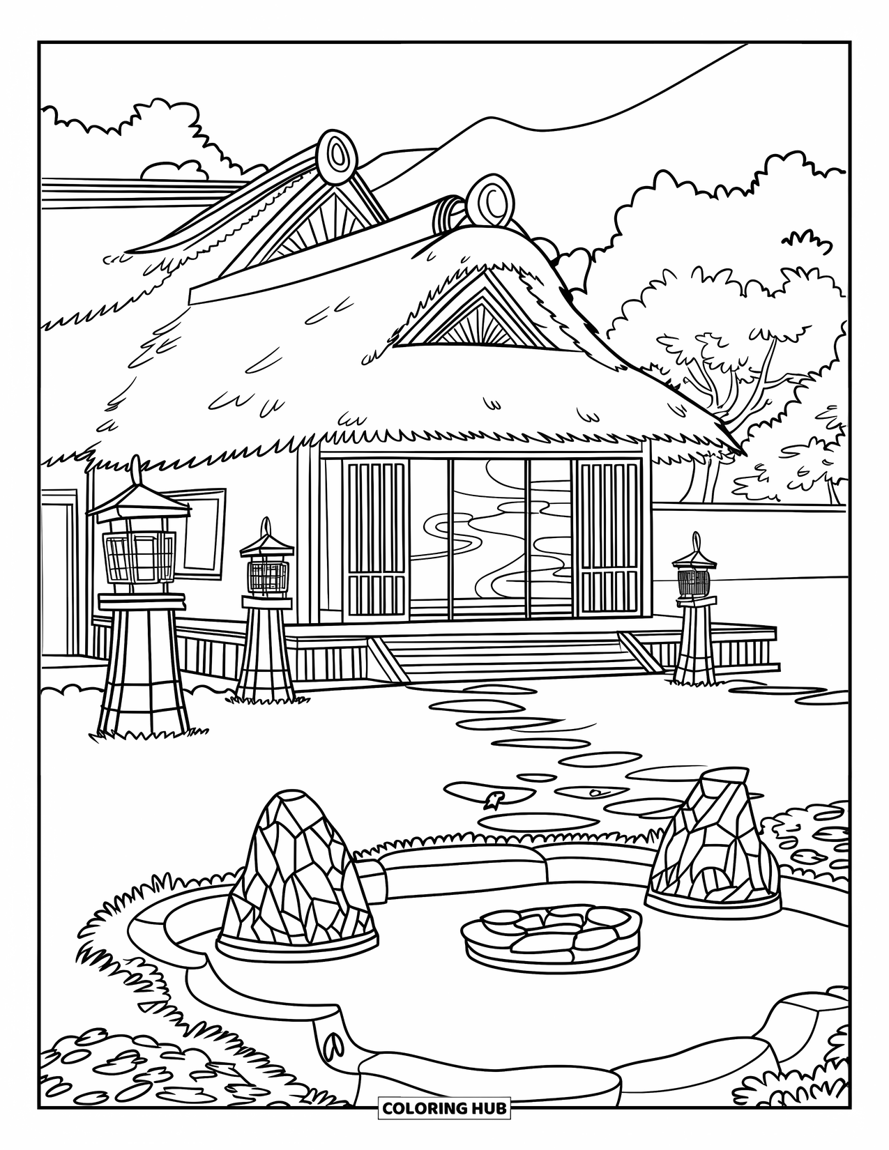 House Coloring Page for Kids: A charming Japanese house with a thatched roof, lanterns, and a stone-bordered koi pond