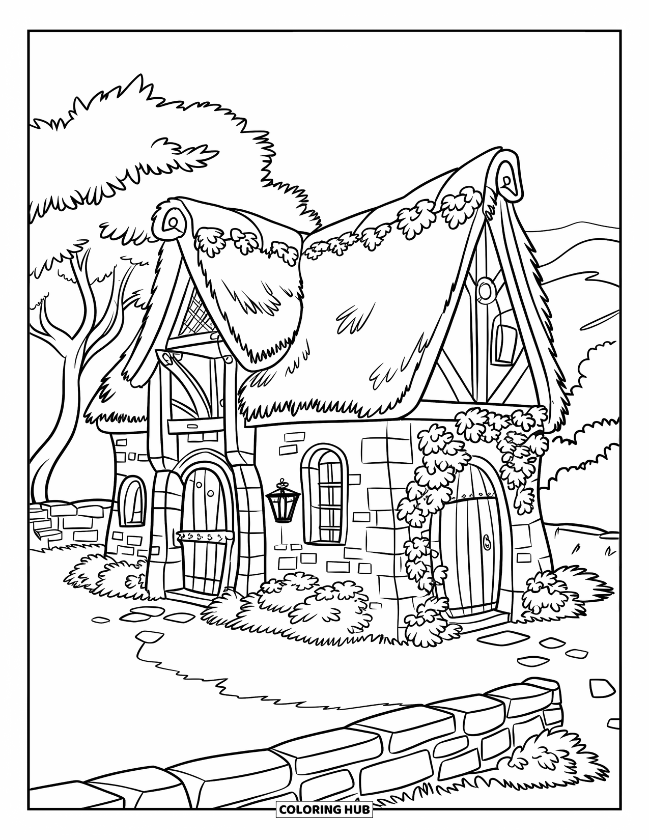 House Coloring Page for Kids: A charming stone cottage with ivy, a wooden door, and a stone path