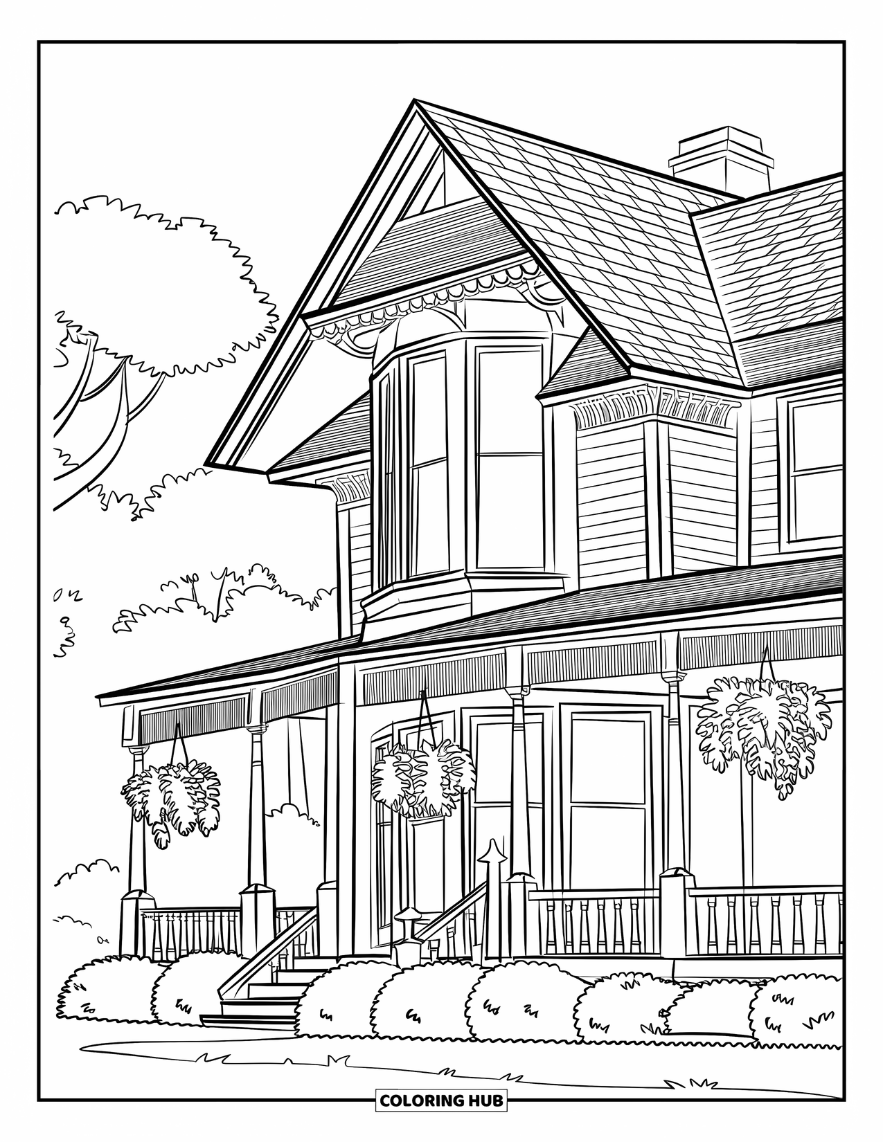 House Coloring Page for Kids: A charming Victorian house with a wrap-around porch and hanging plants