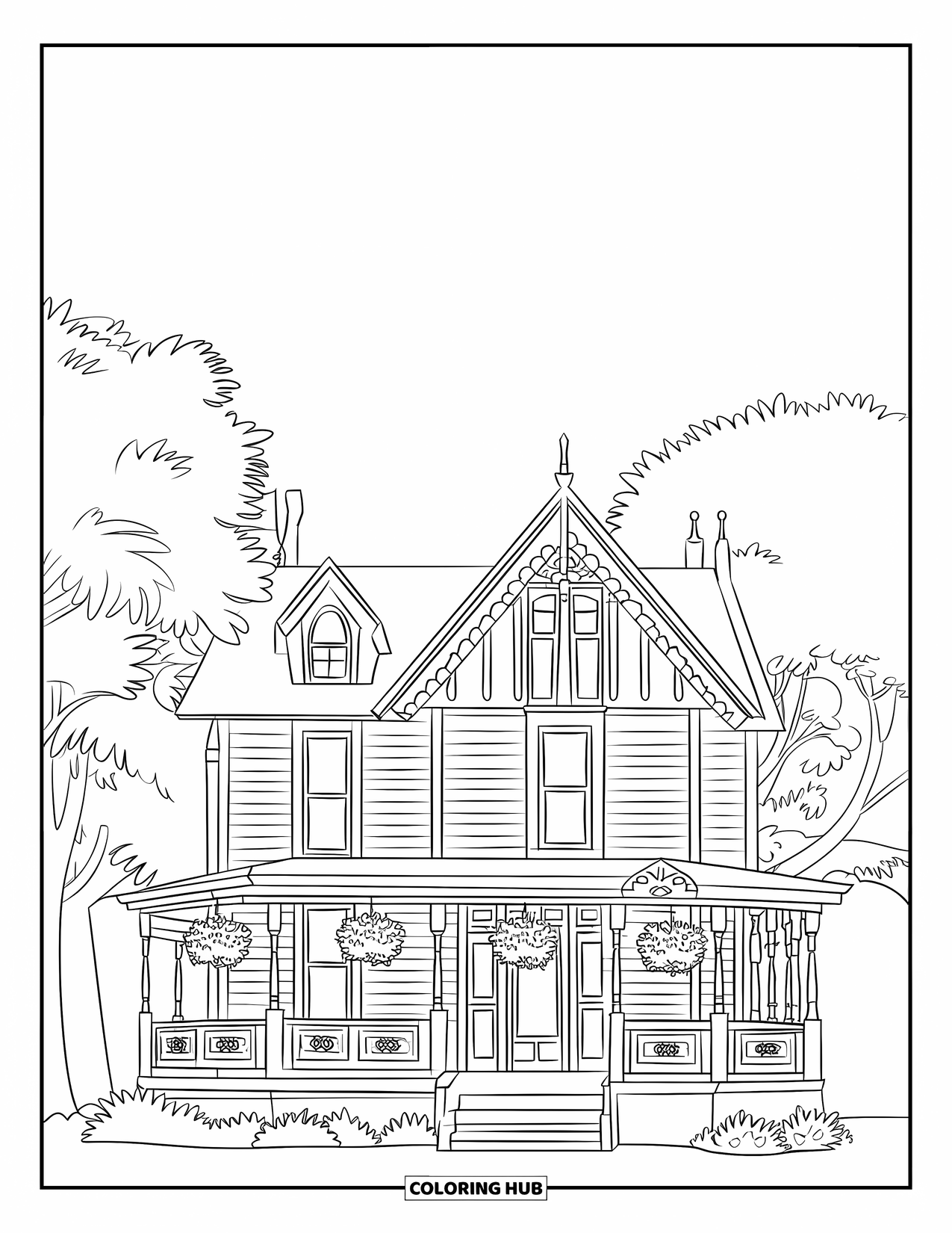 House Coloring Page for Kids: A charming Victorian house with tall windows, a porch, and decorative elements
