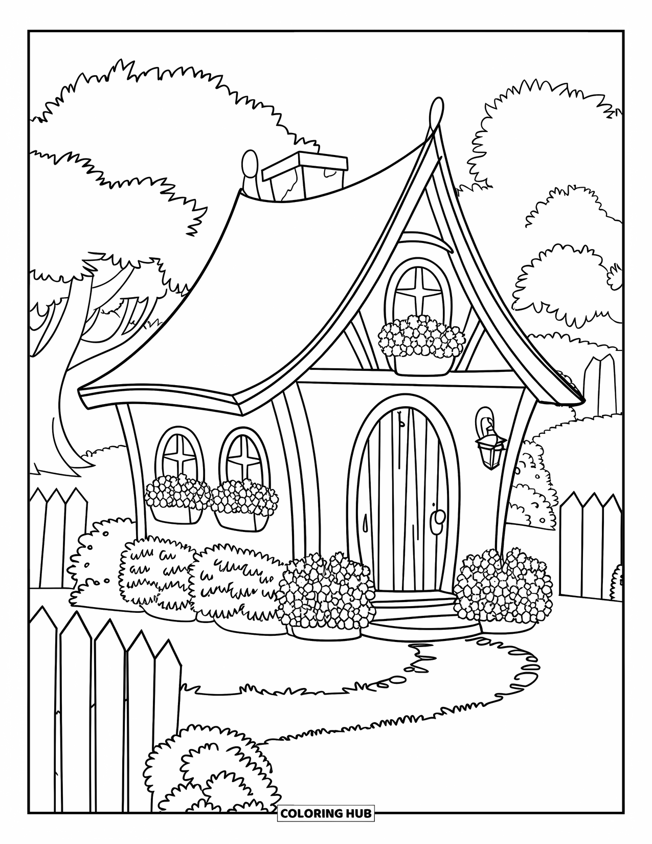 House Coloring Page for Kids: A cottage in a meadow with flower boxes and a wooden fence