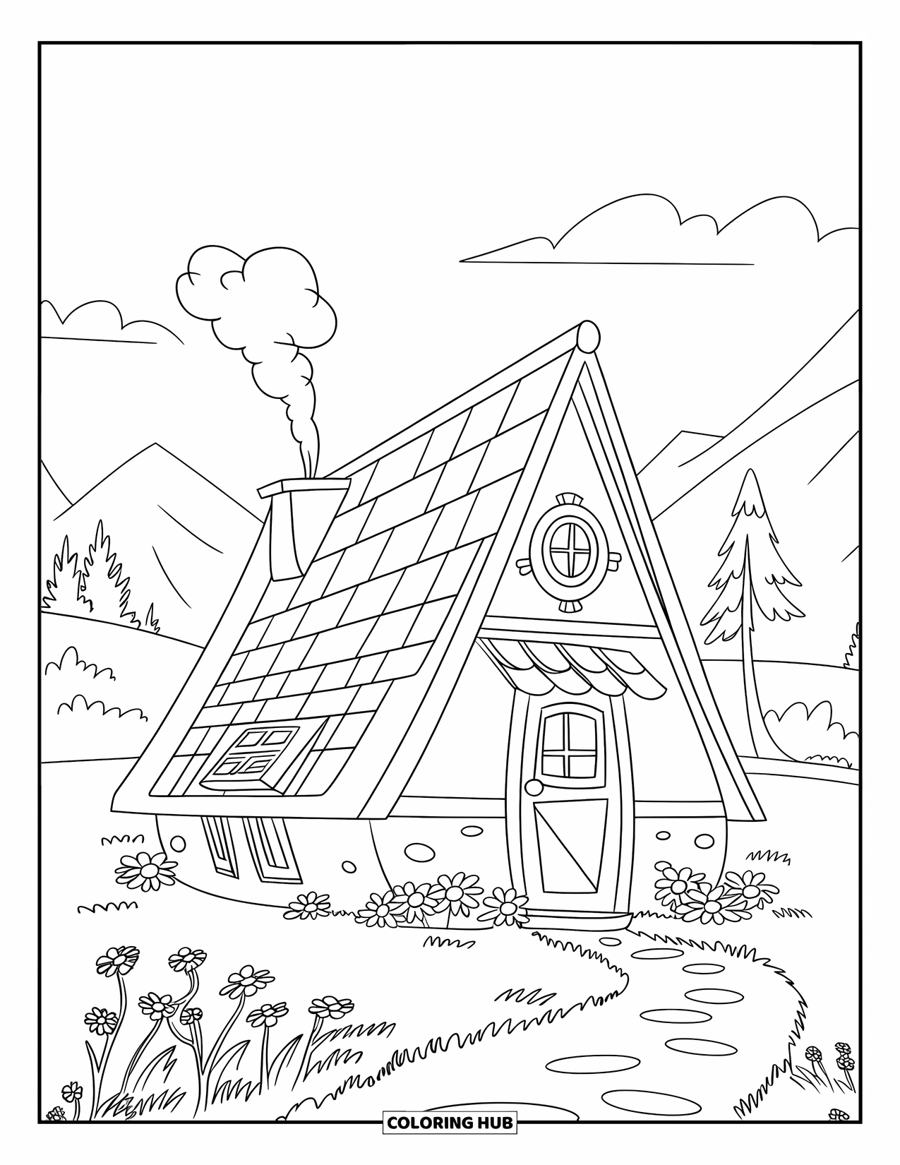 House Coloring Page for Kids: A cottage in a meadow with flowers, mountains, and a clear sky
