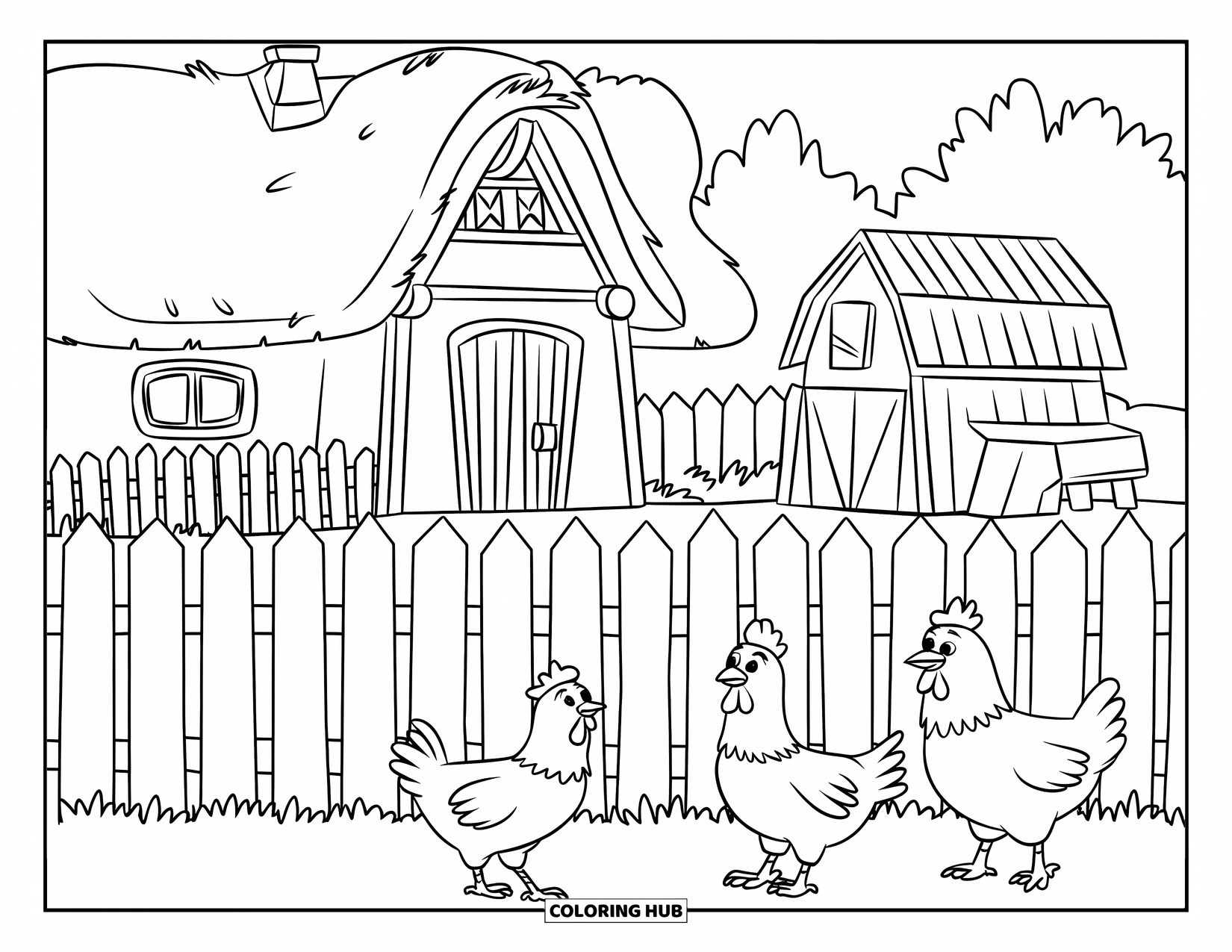 House Coloring Page for Kids: A countryside house with a small barn and chickens wandering around