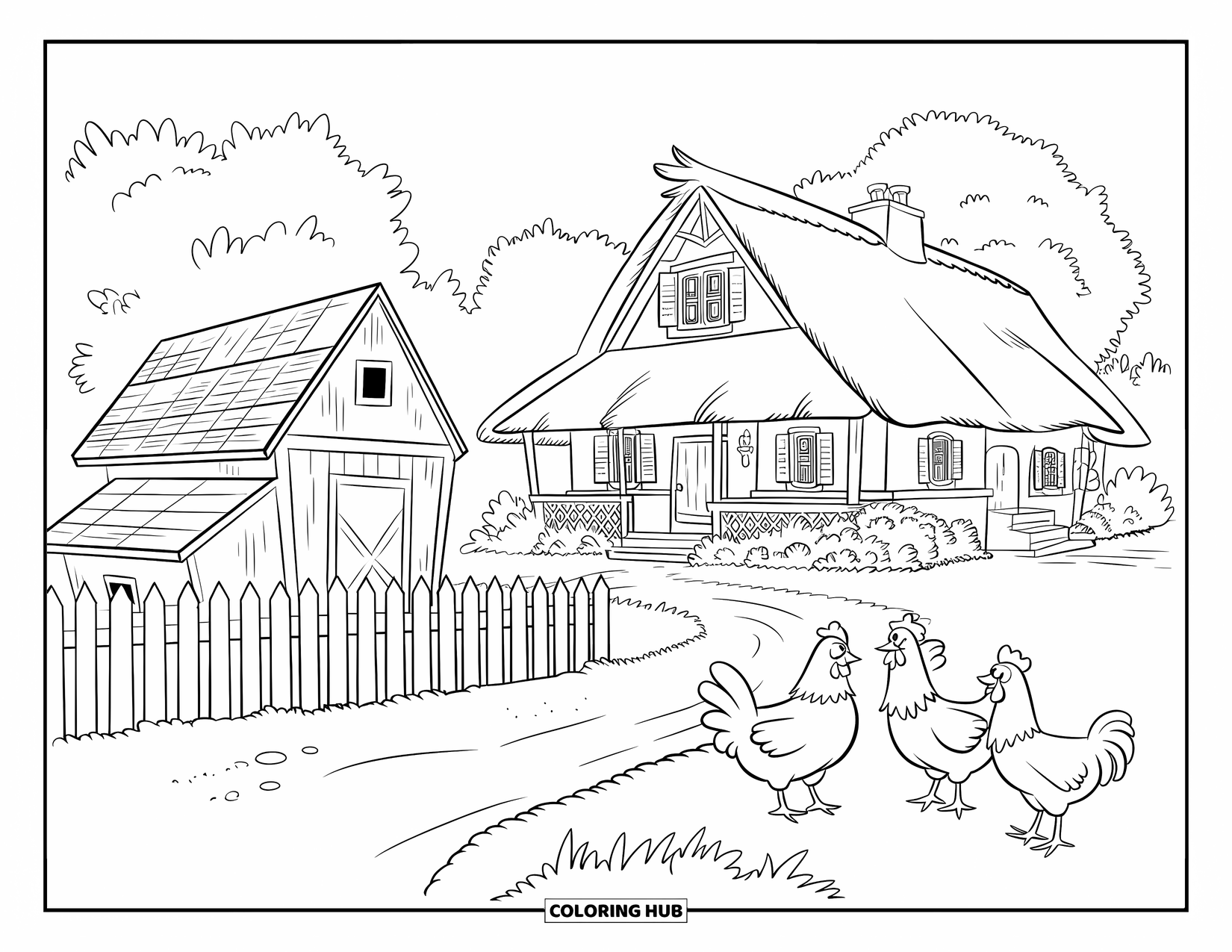 House Coloring Page for Kids: A countryside house with chickens and a path leading to the door