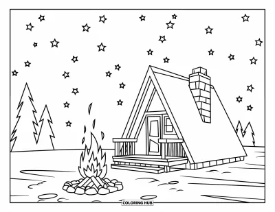子ども向けの家のぬりえ: キャンプファイヤーと雪景色のAフレームキャビン