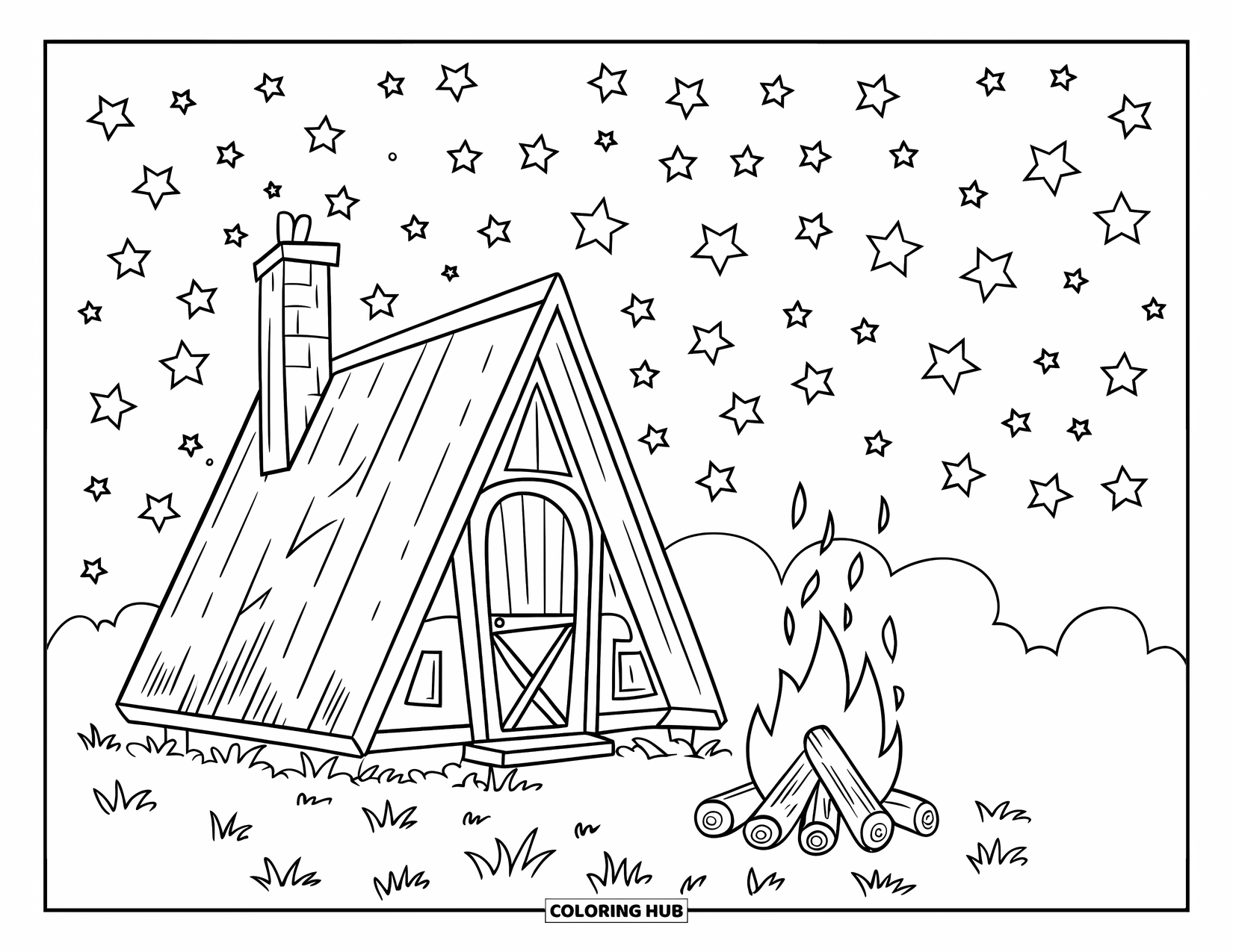 House Coloring Page for Kids: A cozy A-frame cabin with a campfire and stars