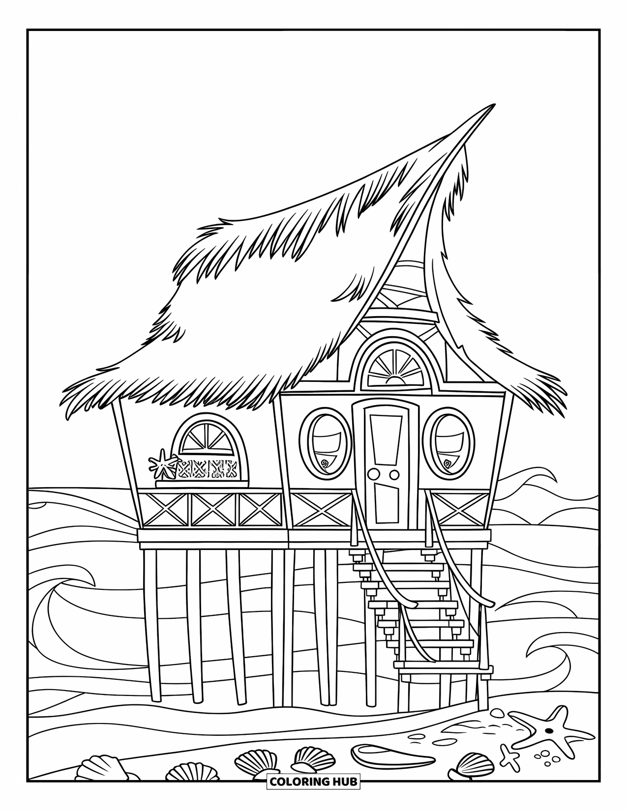 House Coloring Page for Kids: A cozy beach house on stilts surrounded by seashells and waves