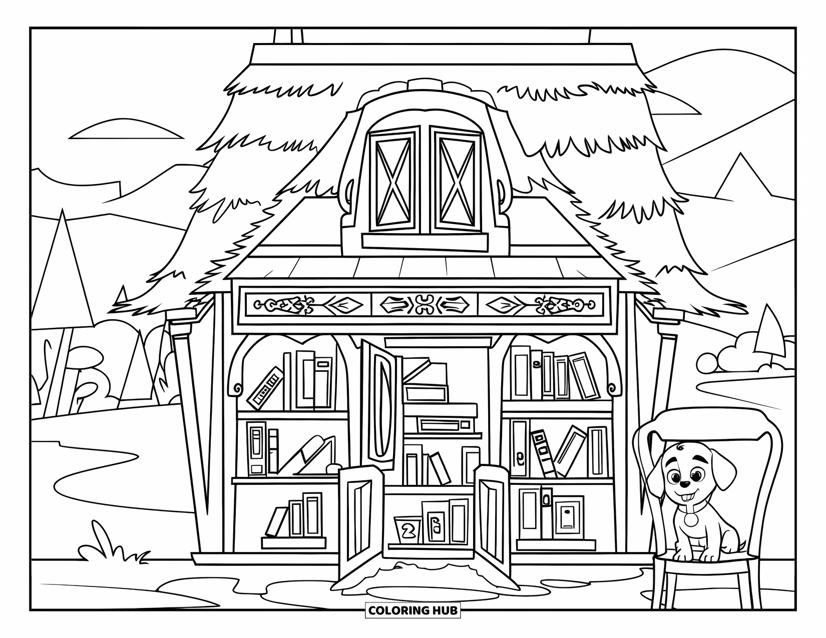 House Coloring Page for Kids: A cozy bookshop house with open windows, bookshelves, and a curious puppy on a chair
