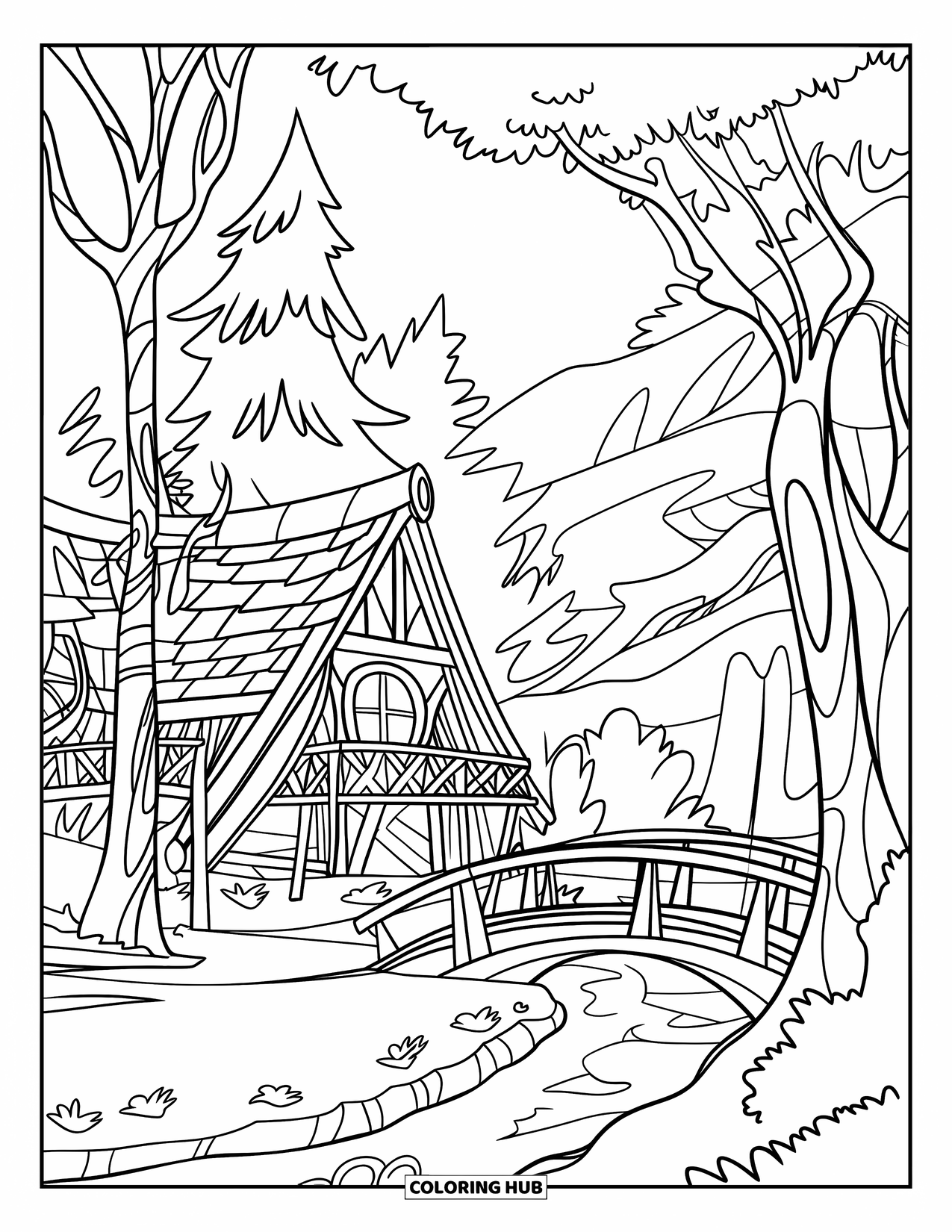 House Coloring Page for Kids: A cozy cabin by a river, surrounded by trees and crossed by a wooden bridge