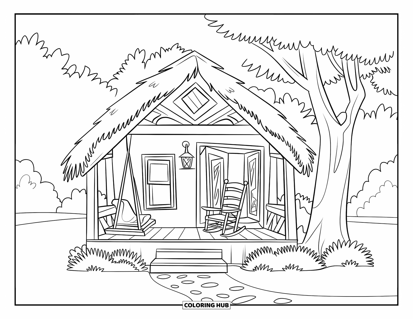 House Coloring Page for Kids: A cozy cabin with a porch swing and a winding path
