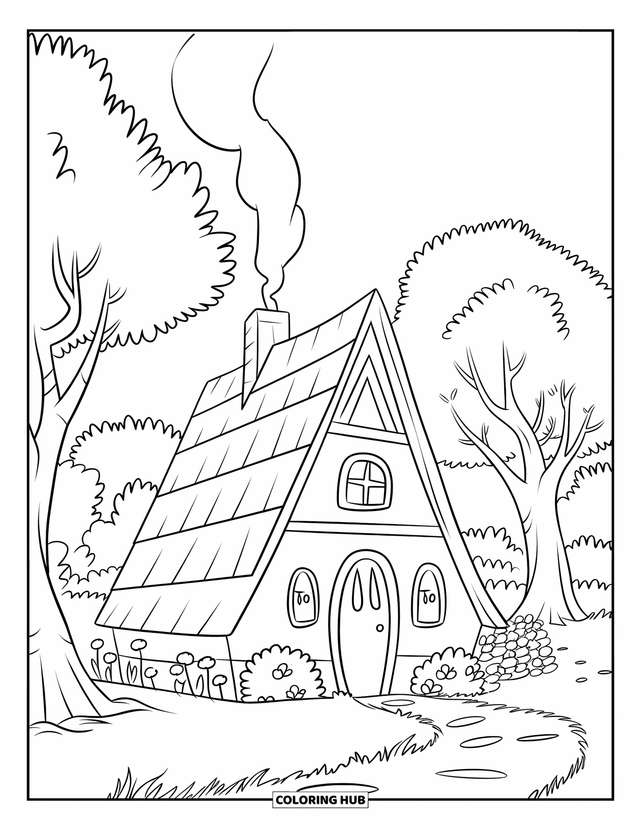 House Coloring Page for Kids: A cozy cottage with a path, flowers, and smoke from the chimney
