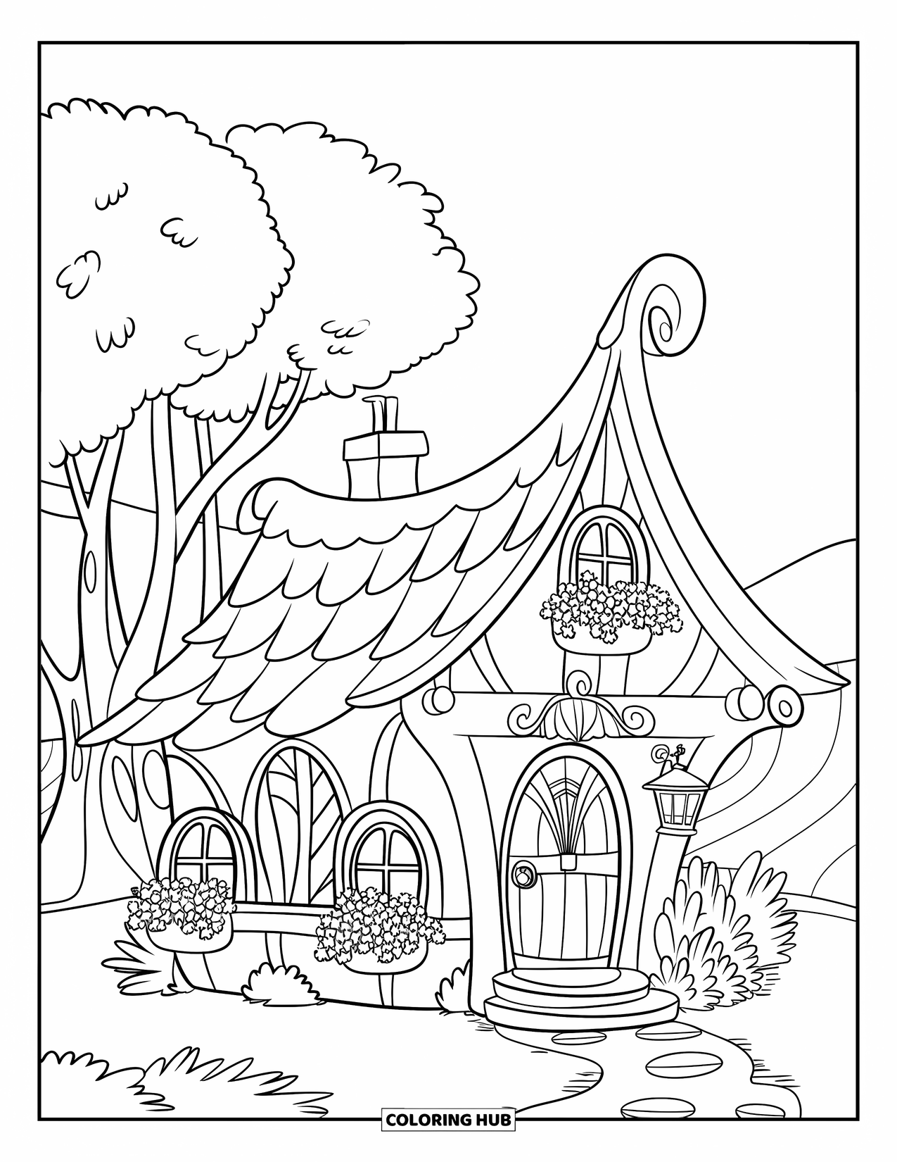 House Coloring Page for Kids: A cozy cottage with flower boxes, trees, and rolling hills