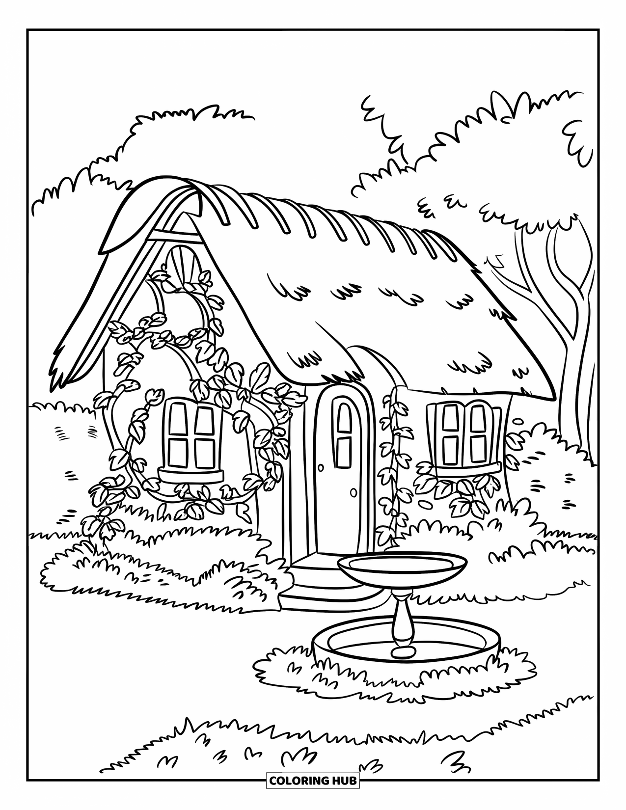 House Coloring Page for Kids: A cozy garden house with vines and a path to a birdbath
