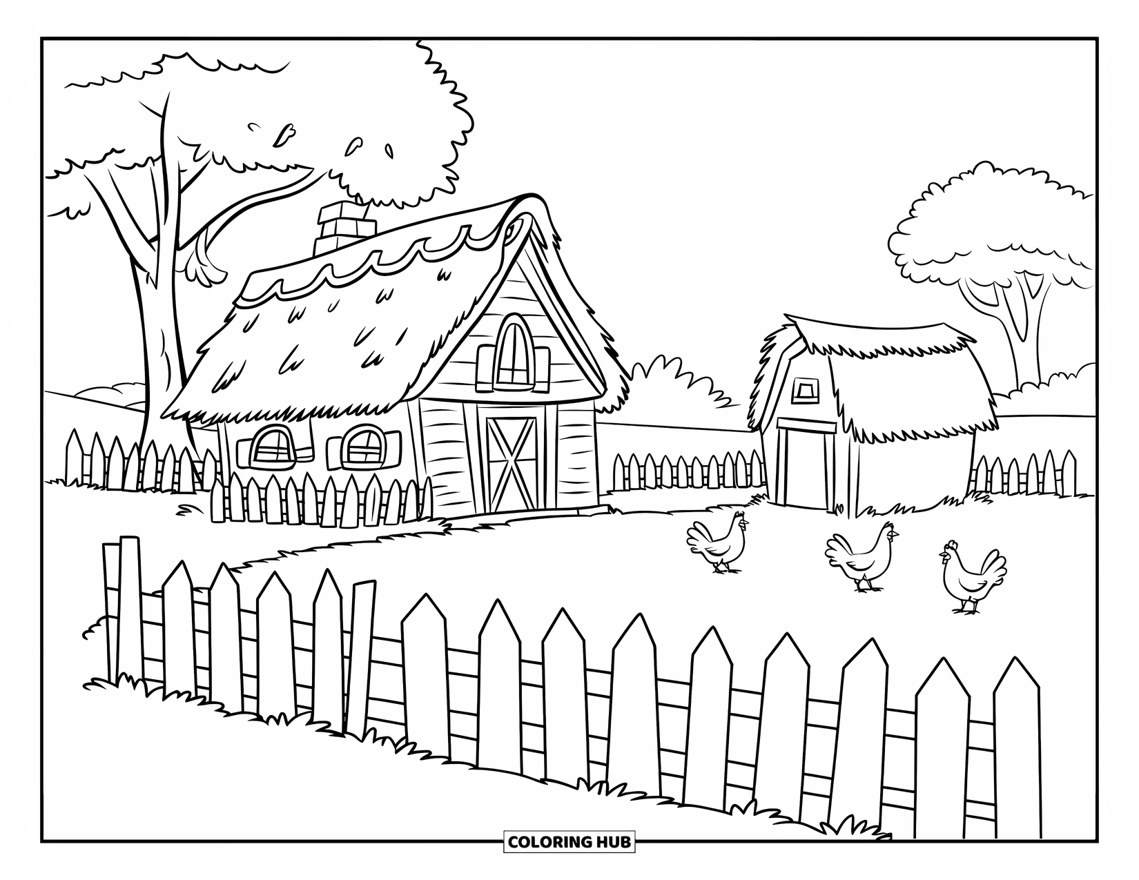 House Coloring Page for Kids: A cozy house with a picket fence, barn, and three friendly chickens