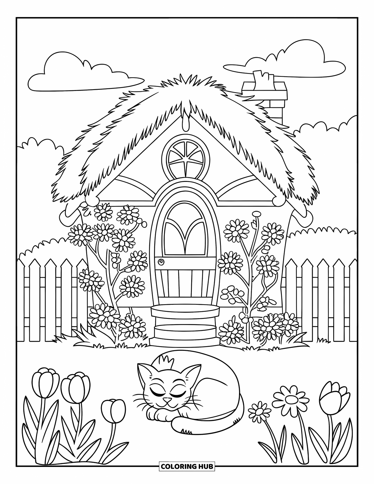 House Coloring Page for Kids: A cozy house with flowers and a cat resting on the doorstep