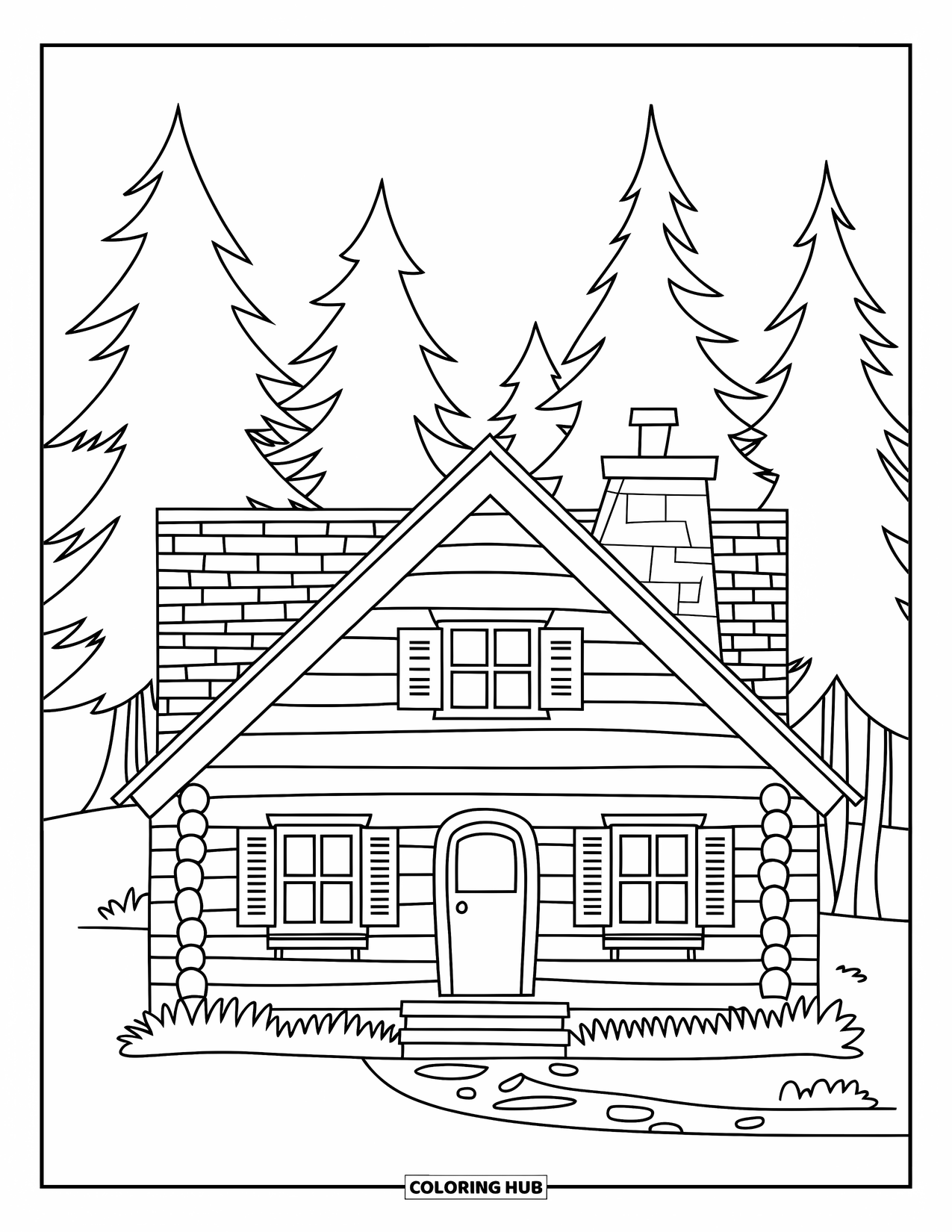 House Coloring Page for Kids: A cozy log cabin with pine trees and a chimney