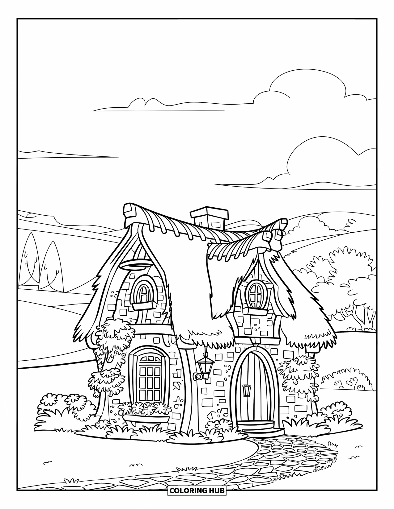 House Coloring Page for Kids: A cozy stone cottage with ivy, flowers, and a path through rolling hills