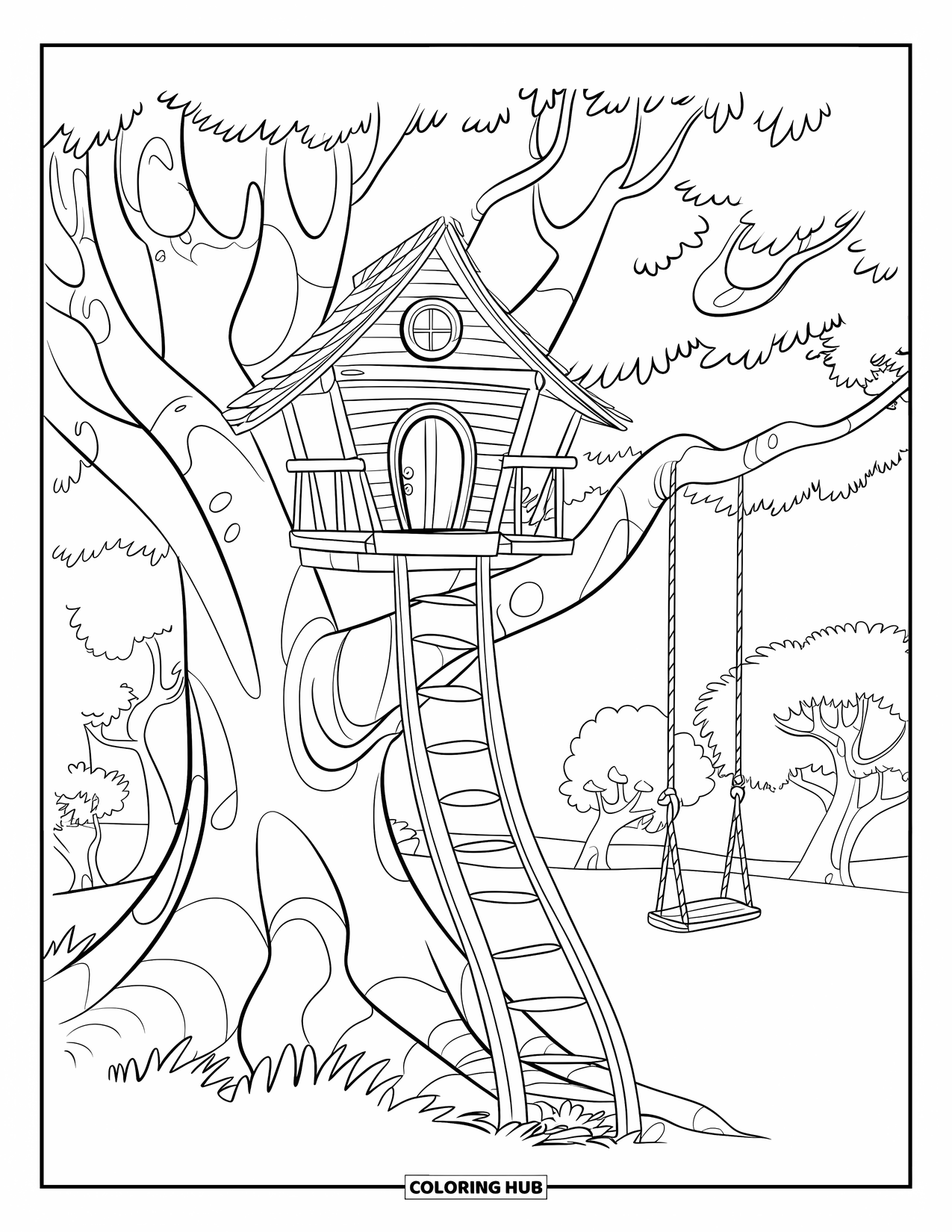House Coloring Page for Kids: A cozy treehouse with a ladder, round window, and a swing in a forest