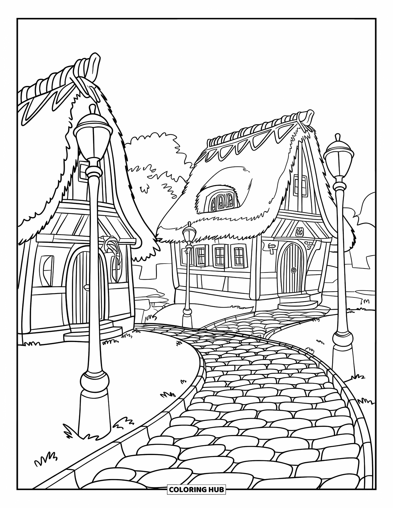 House Coloring Page for Kids: A cozy village street with thatched houses, cobblestone paths, and charming street lamps