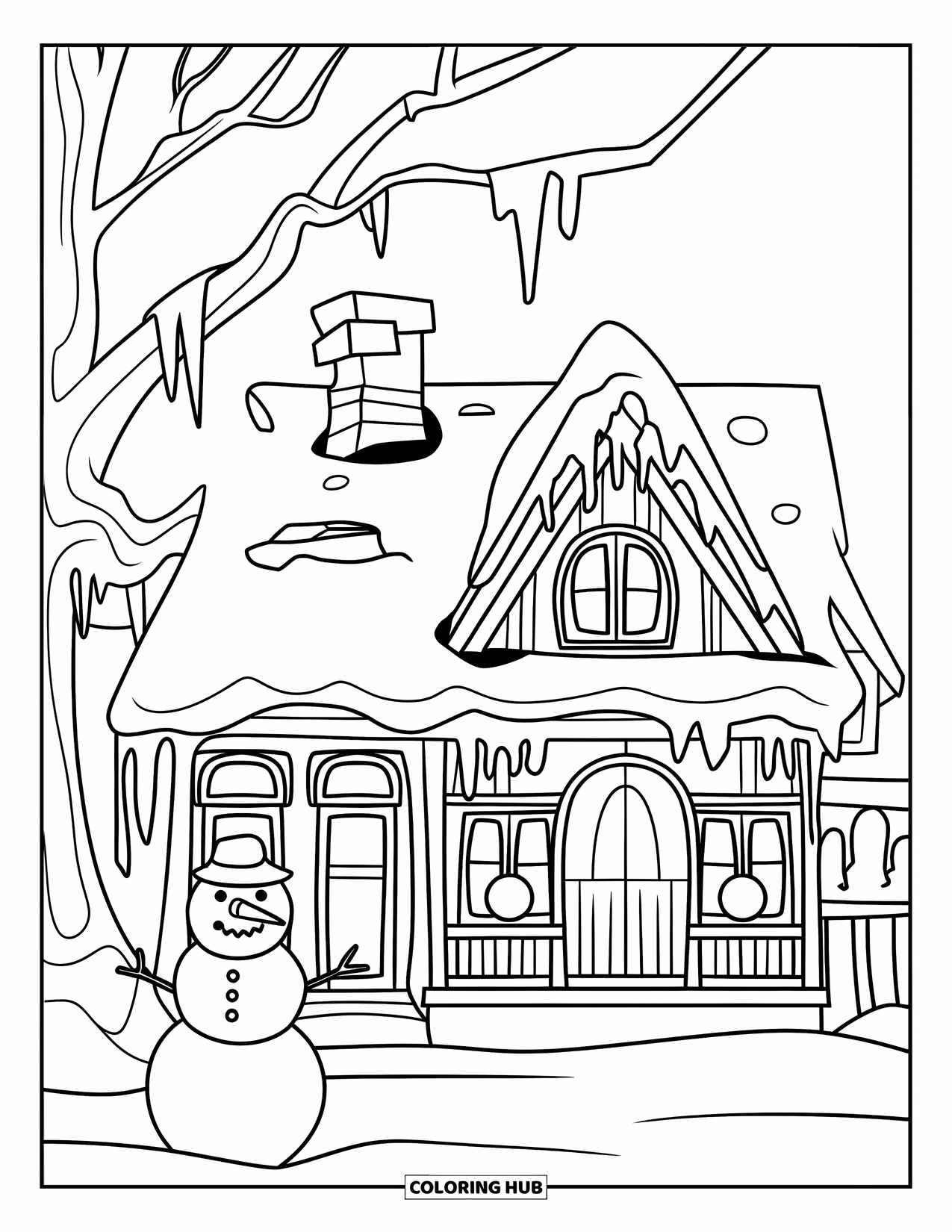House Coloring Page for Kids: A cozy winter house with snow, icicles, and a tree nearby