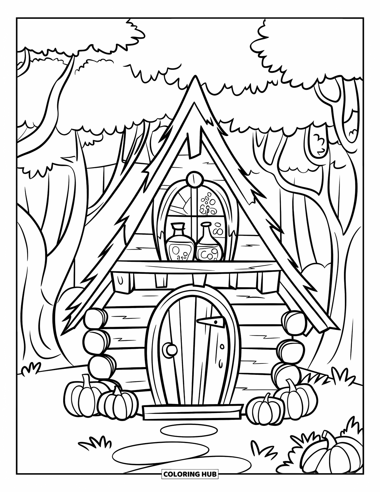 House Coloring Page for Kids: A cozy witch's hut with pumpkins and potion bottles in the window