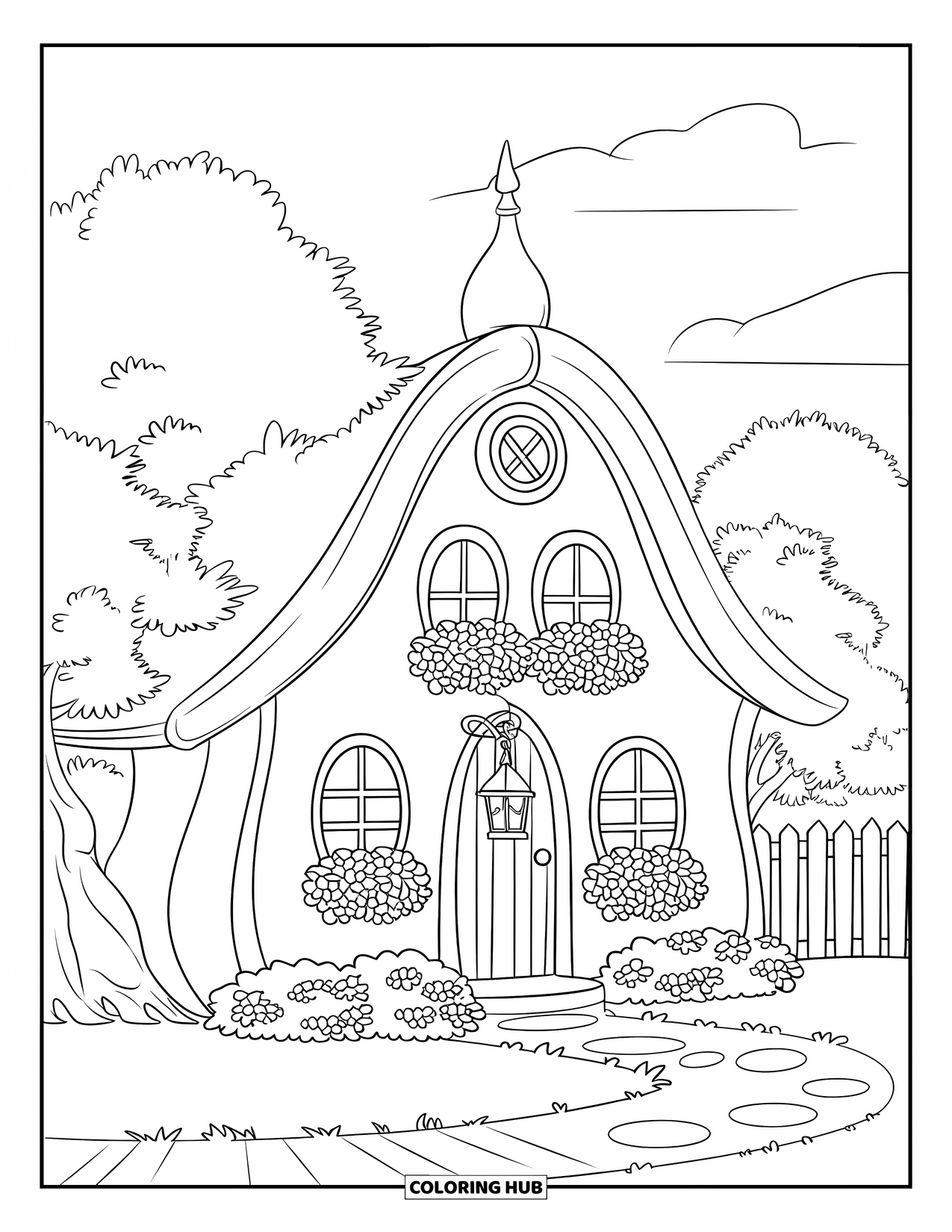 House Coloring Page for Kids: A fairy tale cottage with flower boxes and a lantern by the door