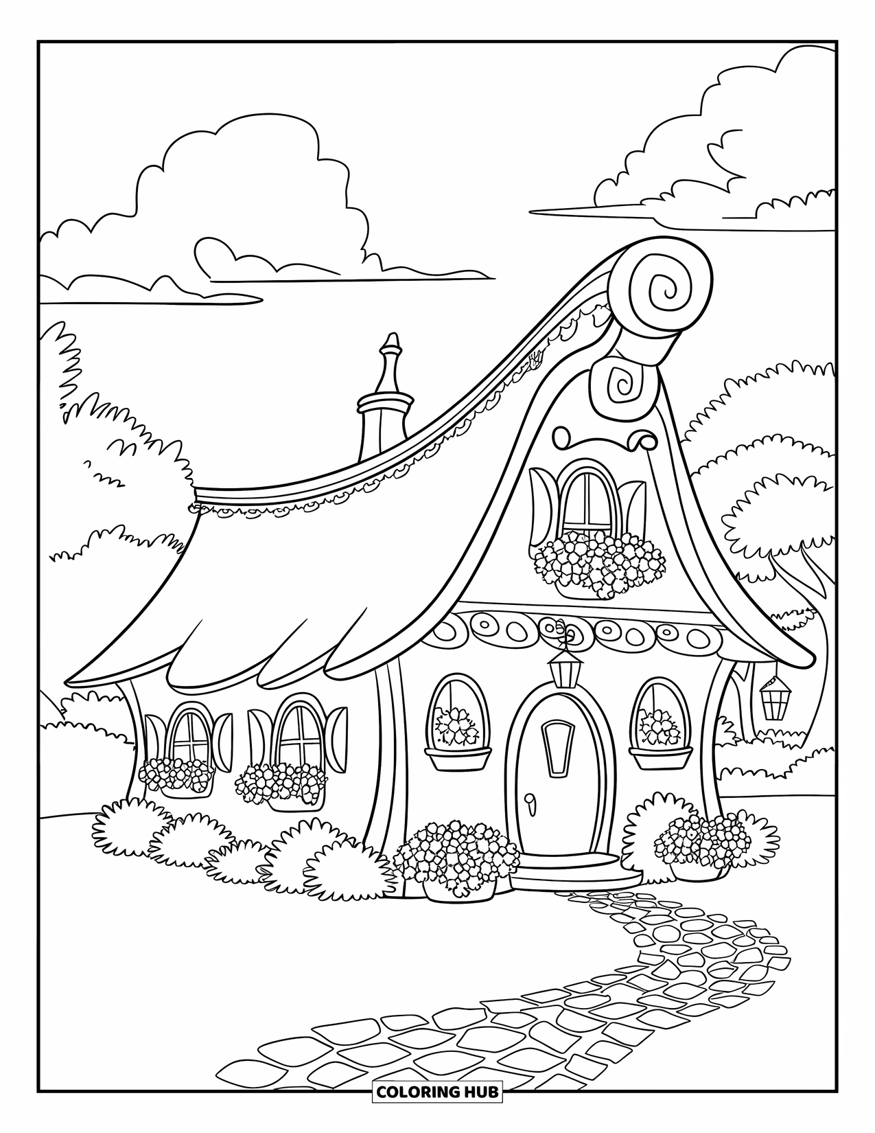 House Coloring Page for Kids: A fairy tale cottage with greenery, cobblestone path, and fluffy clouds