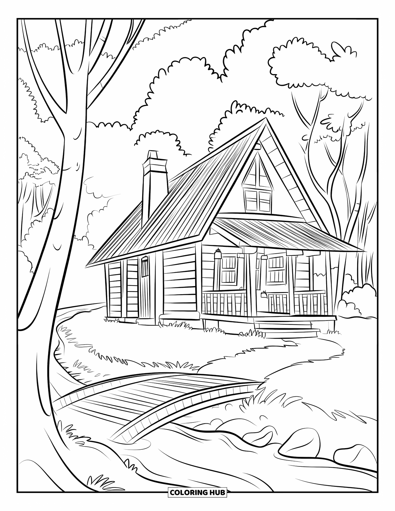 House Coloring Page for Kids: A forest cabin with a chimney, a river nearby, and a wooden bridge