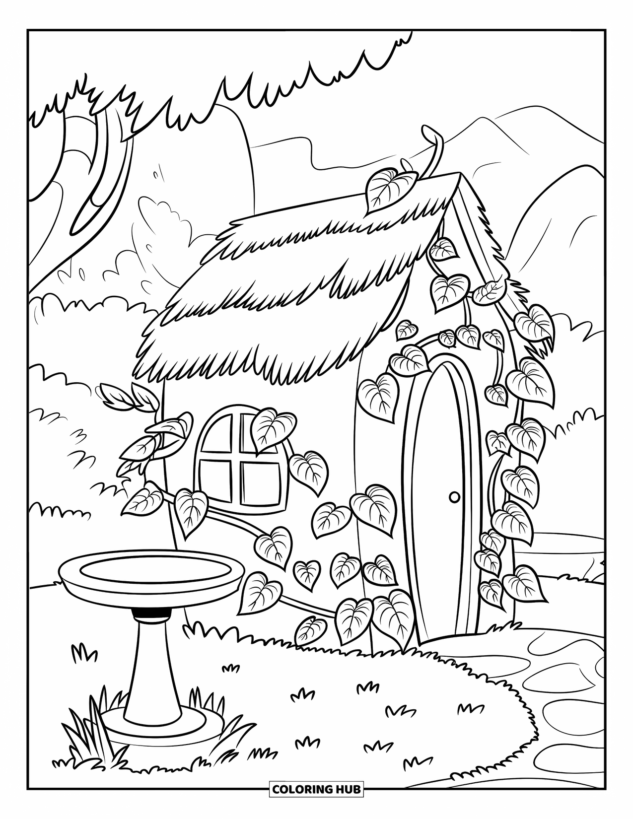 House Coloring Page for Kids: A garden house with vines and a birdbath in front