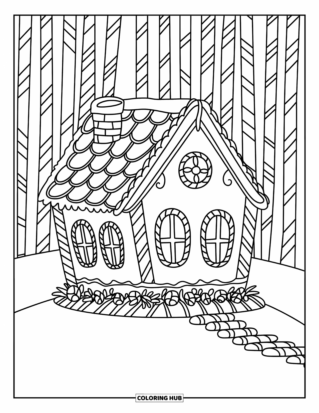 House Coloring Page for Kids: A gingerbread house surrounded by candy cane trees