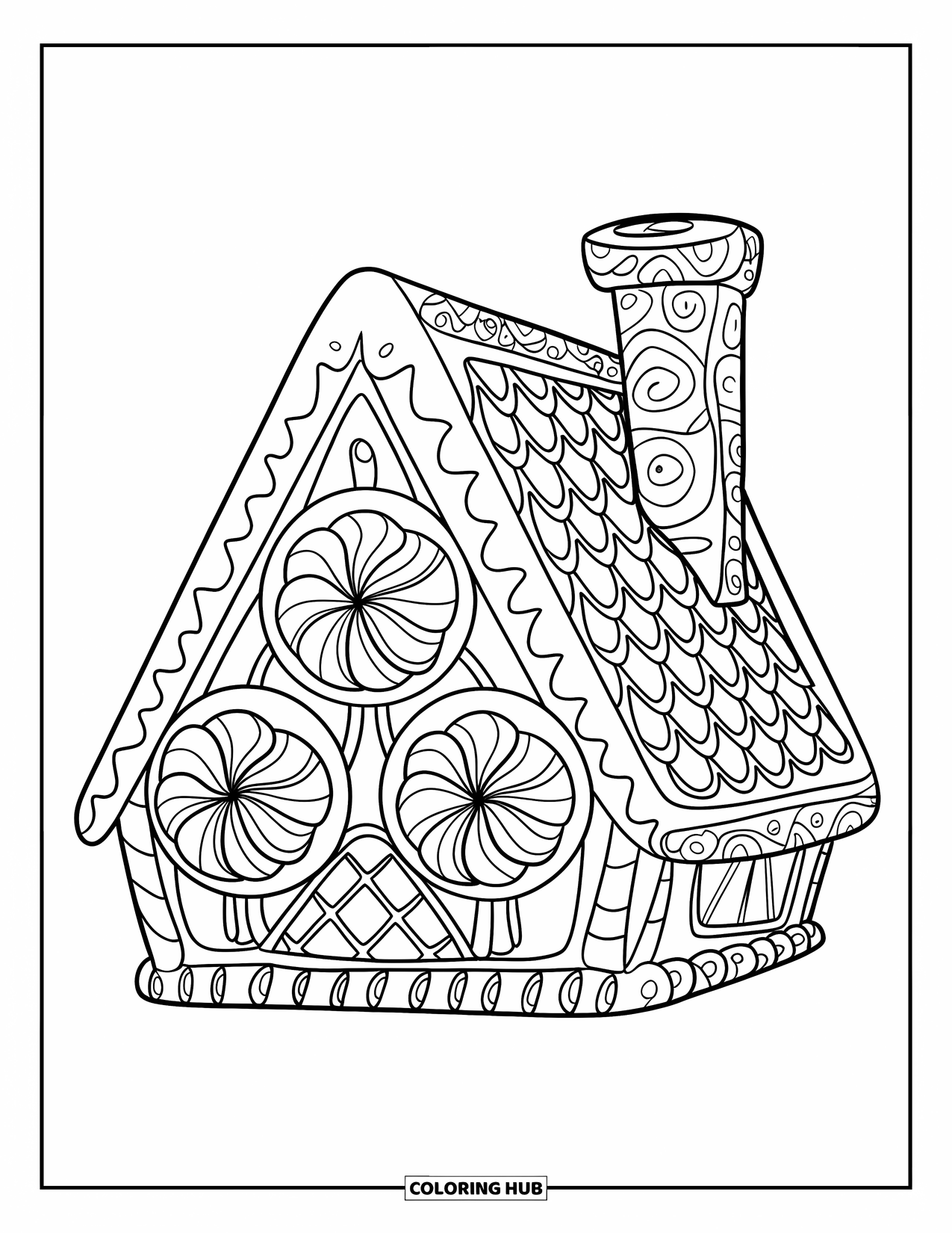House Coloring Page for Kids: A gingerbread house with candy windows and a triangle roof