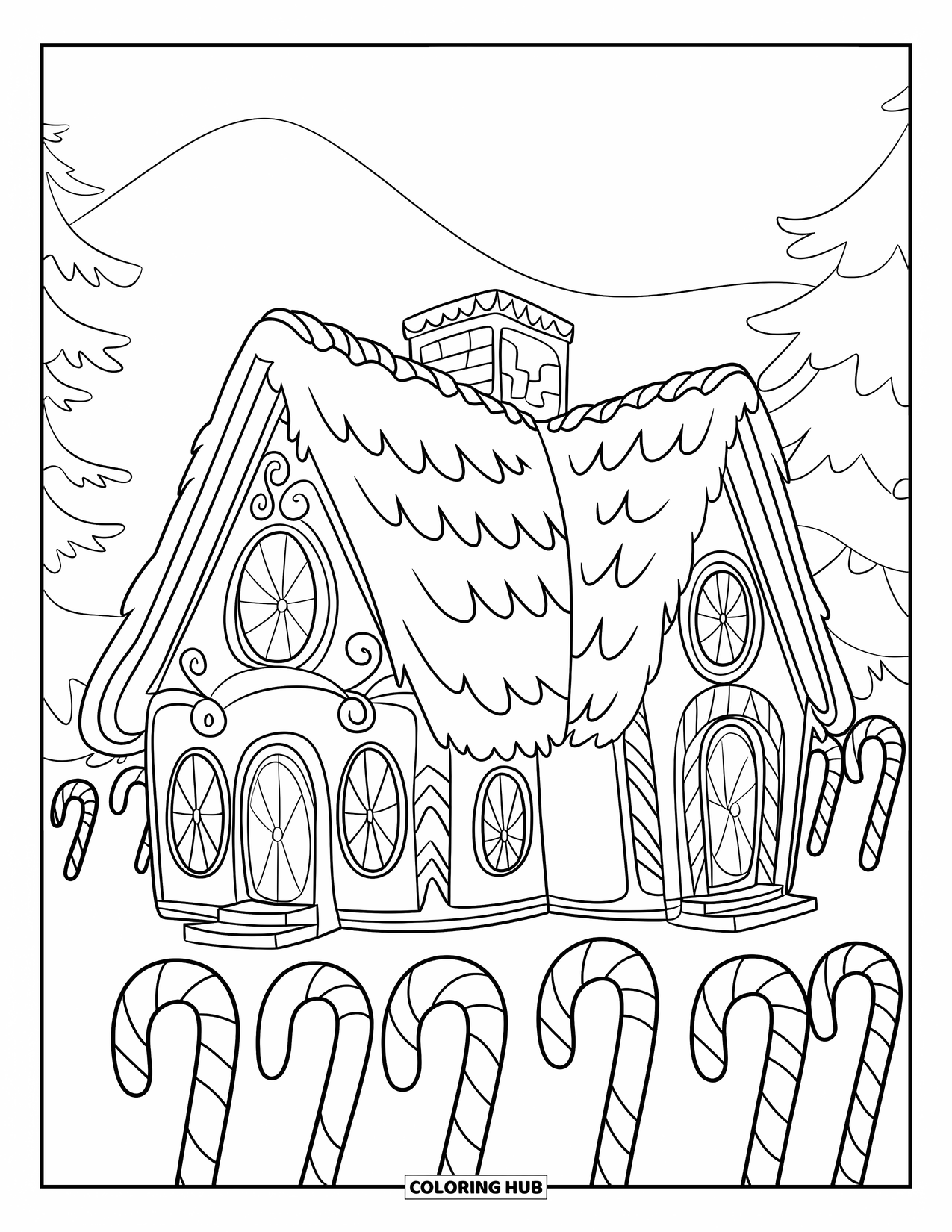 House Coloring Page for Kids: A gingerbread house with candy windows and candy canes