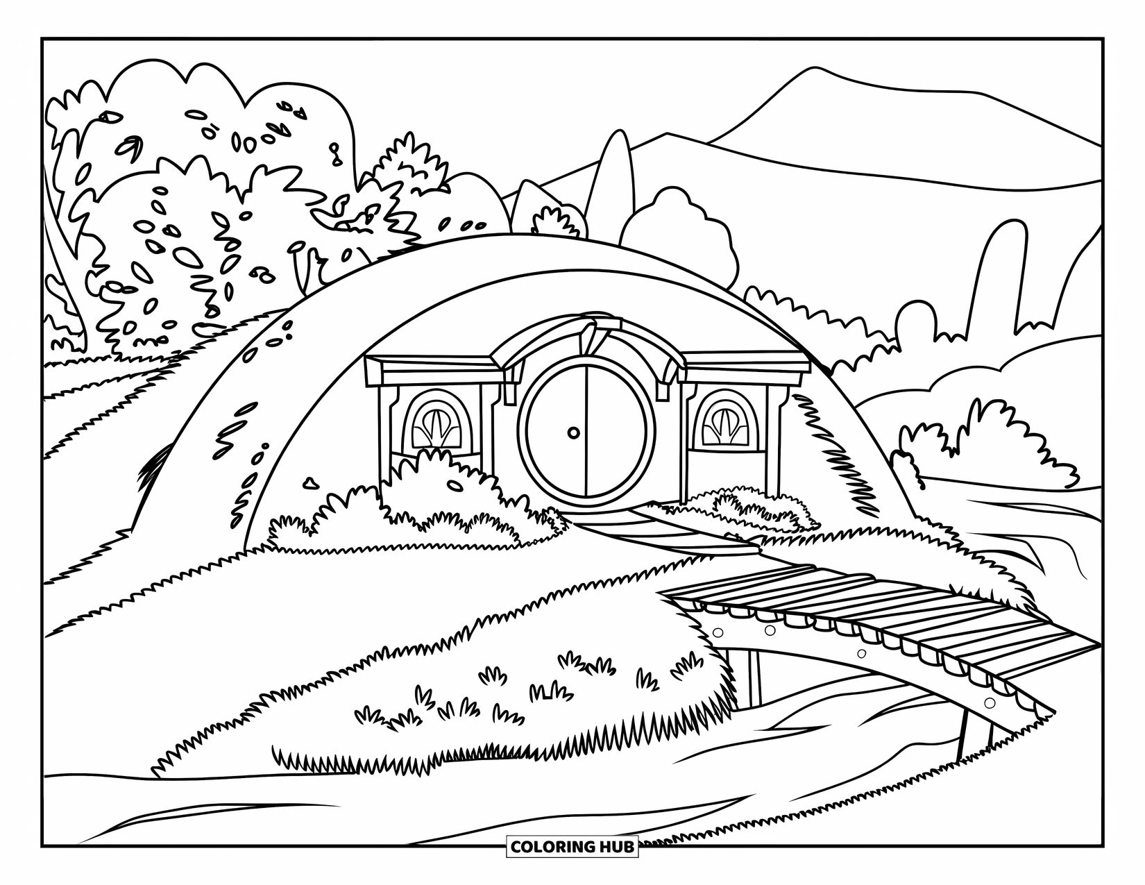 House Coloring Page for Kids: A hobbit house on a hill with a river and bridge