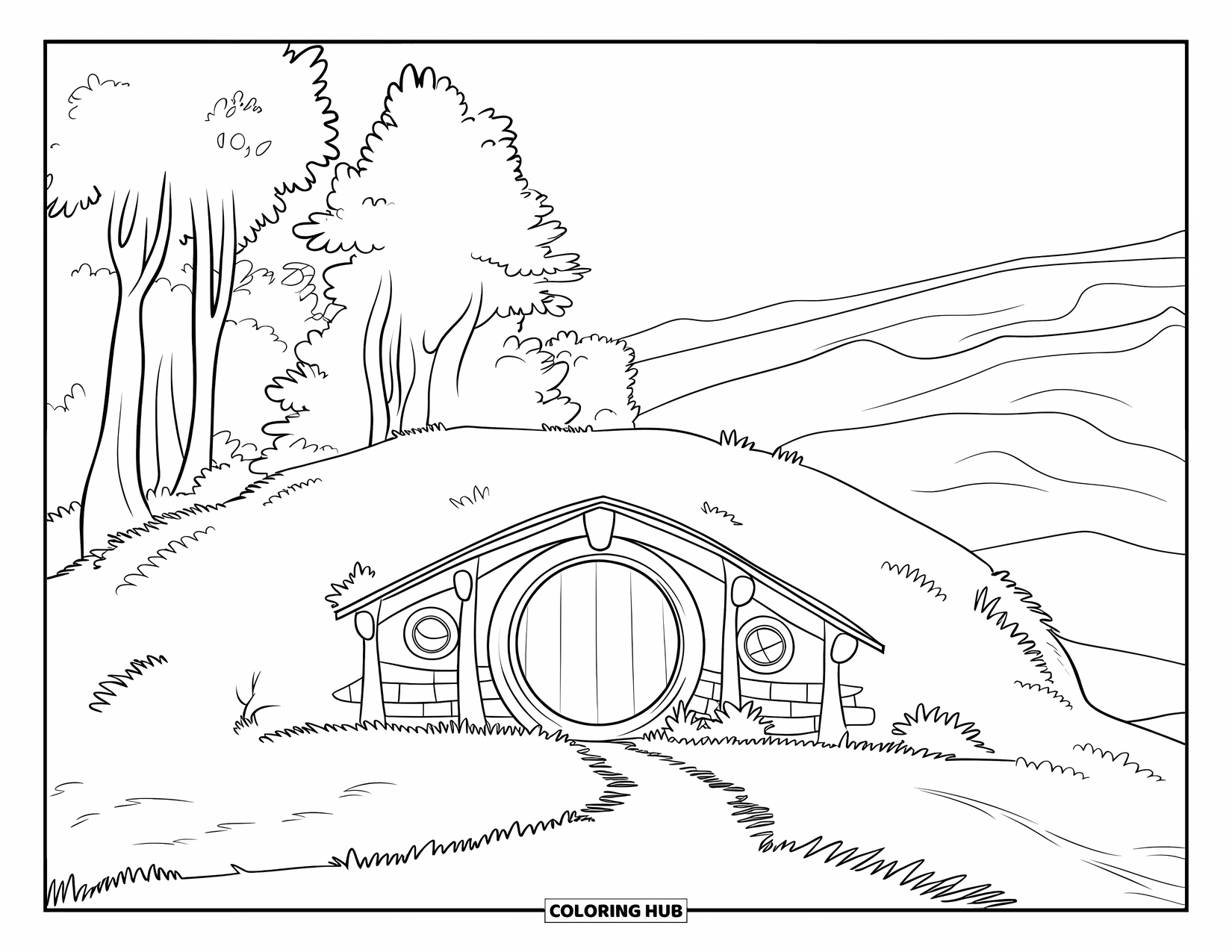 House Coloring Page for Kids: A hobbit house with a path and trees in a valley