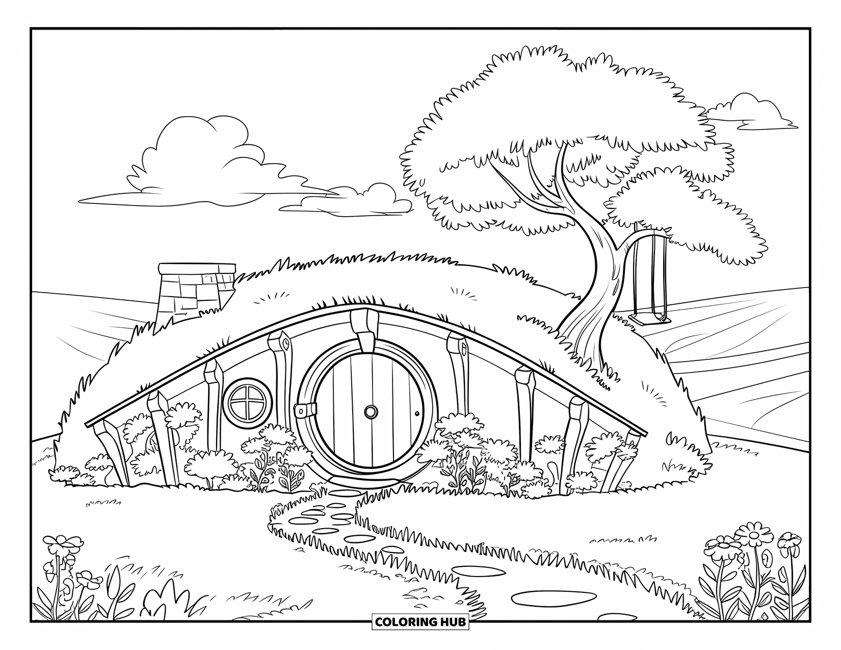 House Coloring Page for Kids: A hobbit house with a swing and flower-lined path