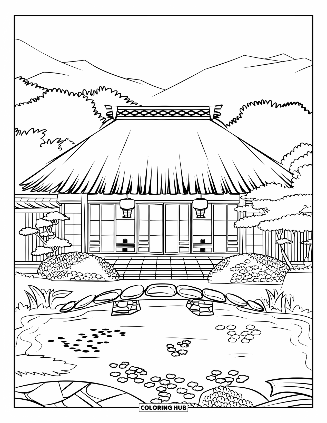 House Coloring Page for Kids: A Japanese-inspired house with sliding doors, lanterns, and a koi pond in front