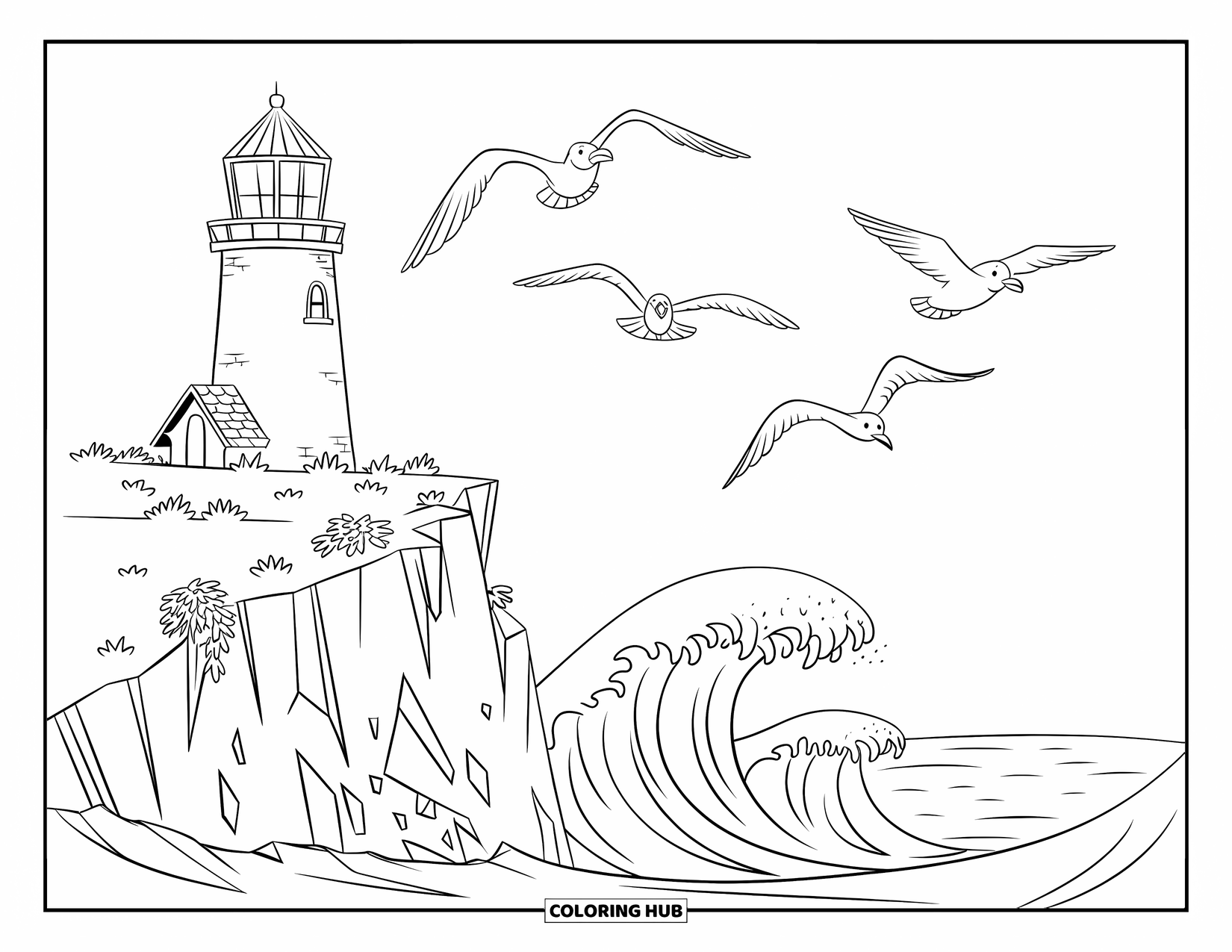 House Coloring Page for Kids: A lighthouse perched on a cliff, surrounded by crashing waves and soaring seagulls