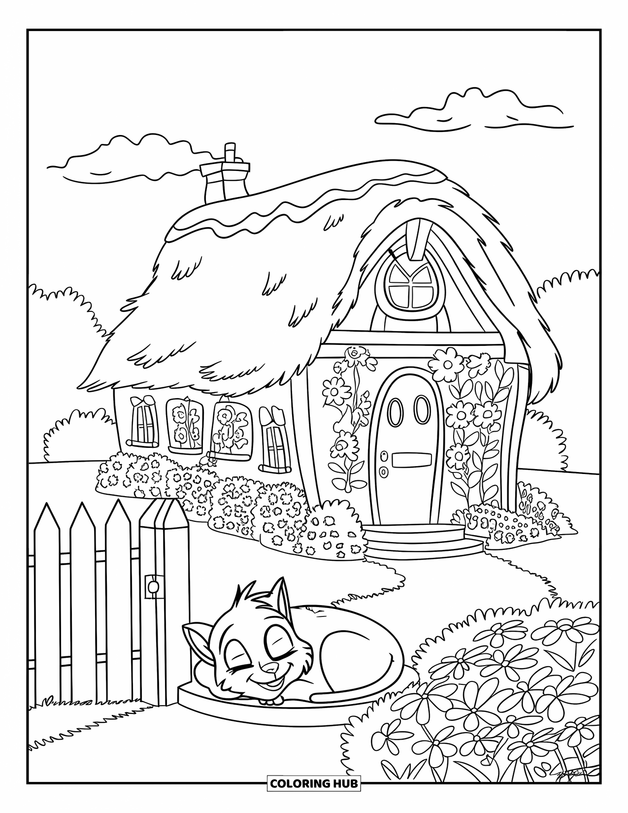 House Coloring Page for Kids: A little house with a flower garden and a cat on the doorstep