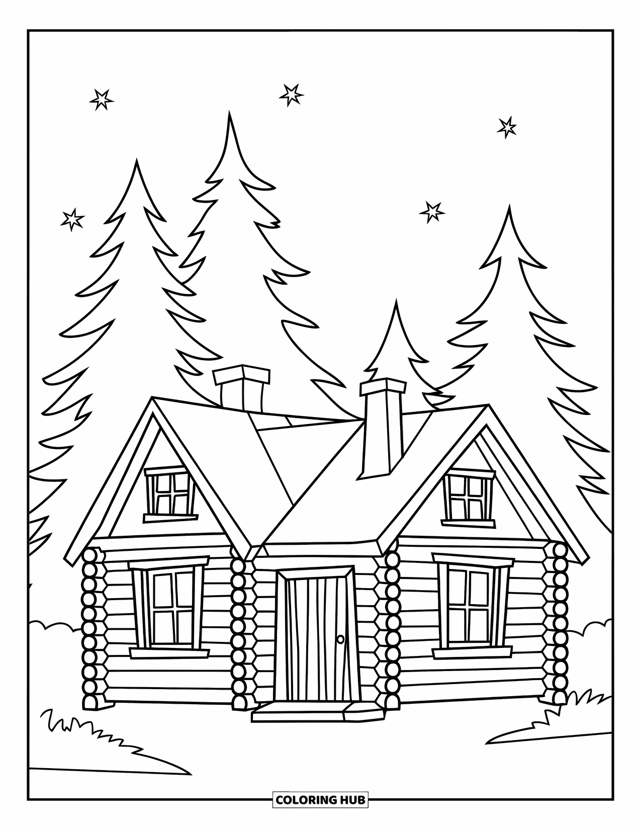 House Coloring Page for Kids: A log cabin in a forest with stars above